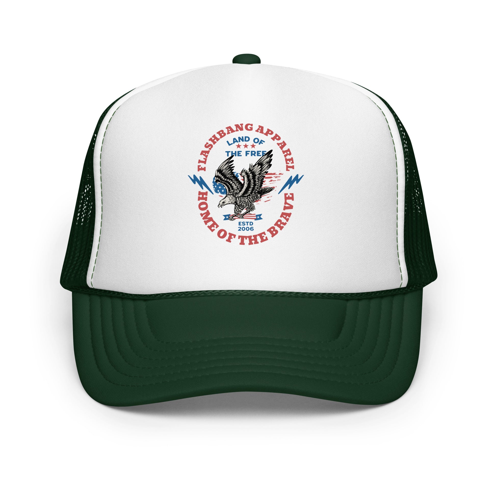 Trucker hat with a logo featuring an eagle and text on a white background