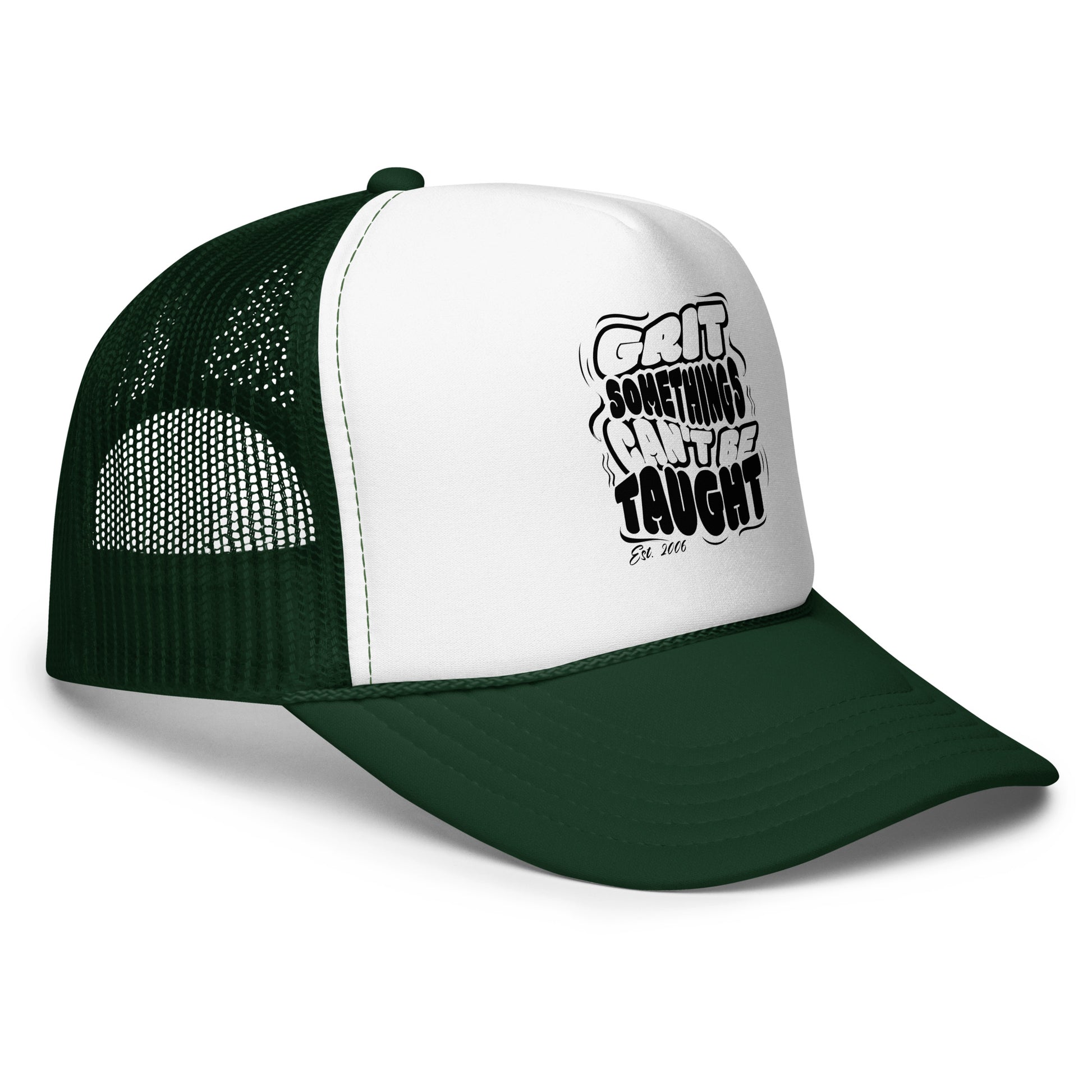 Green and white trucker hat with motivational quote on a white background