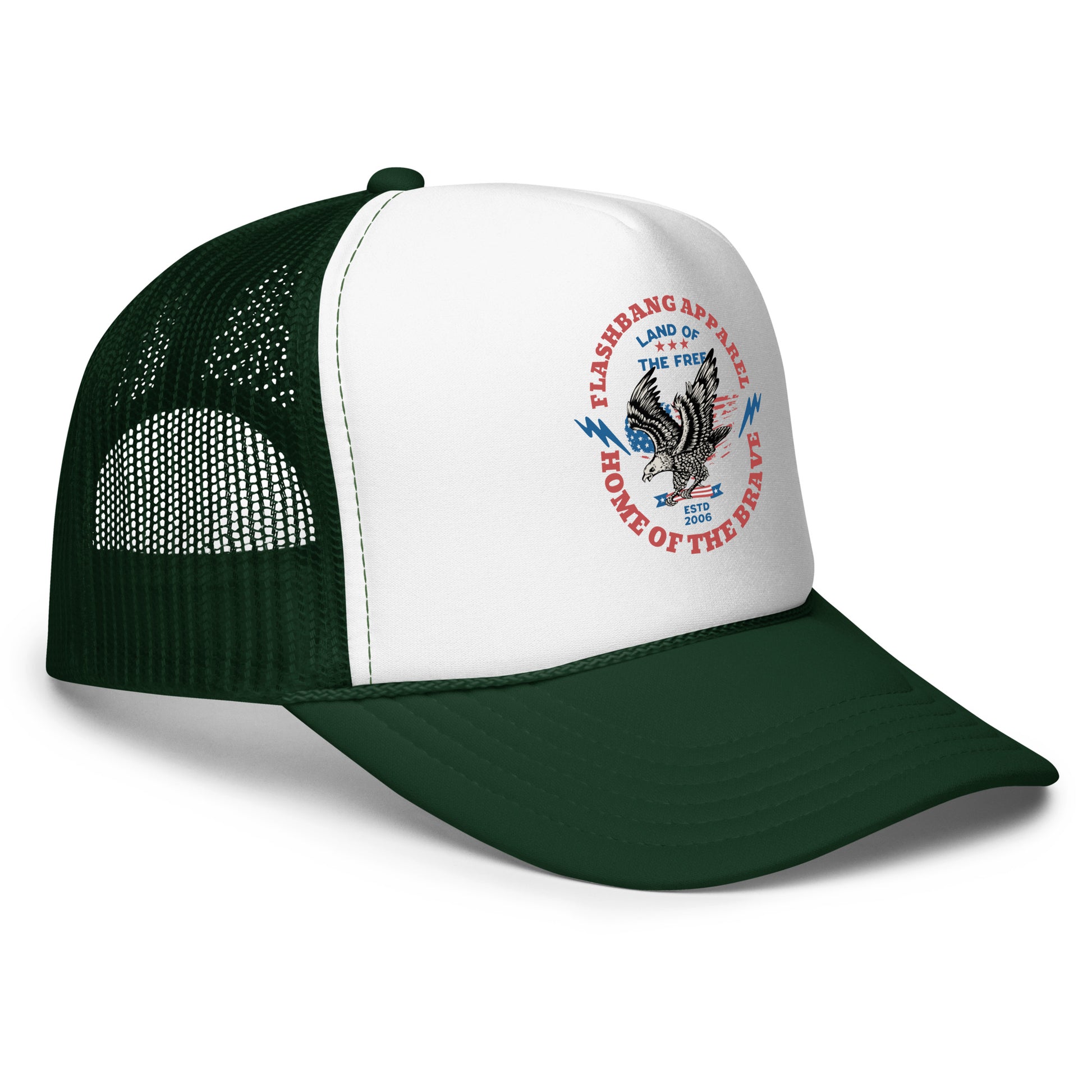 Green and white trucker hat with an eagle design on a white background