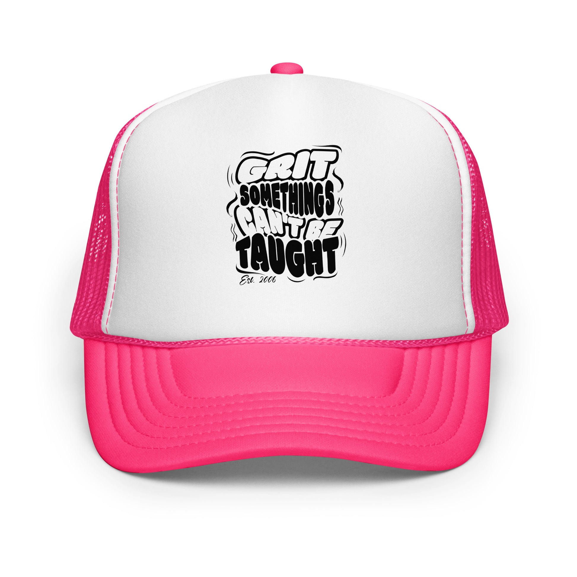 Pink and white trucker hat with motivational quote on a white background