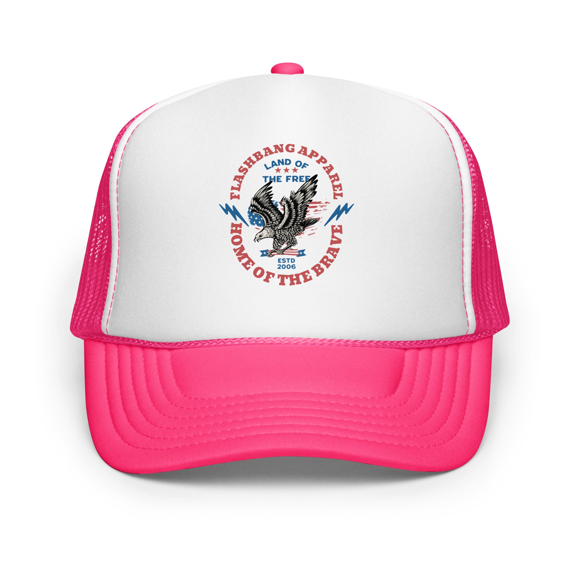 Pink and white trucker hat with a logo and text on a white background