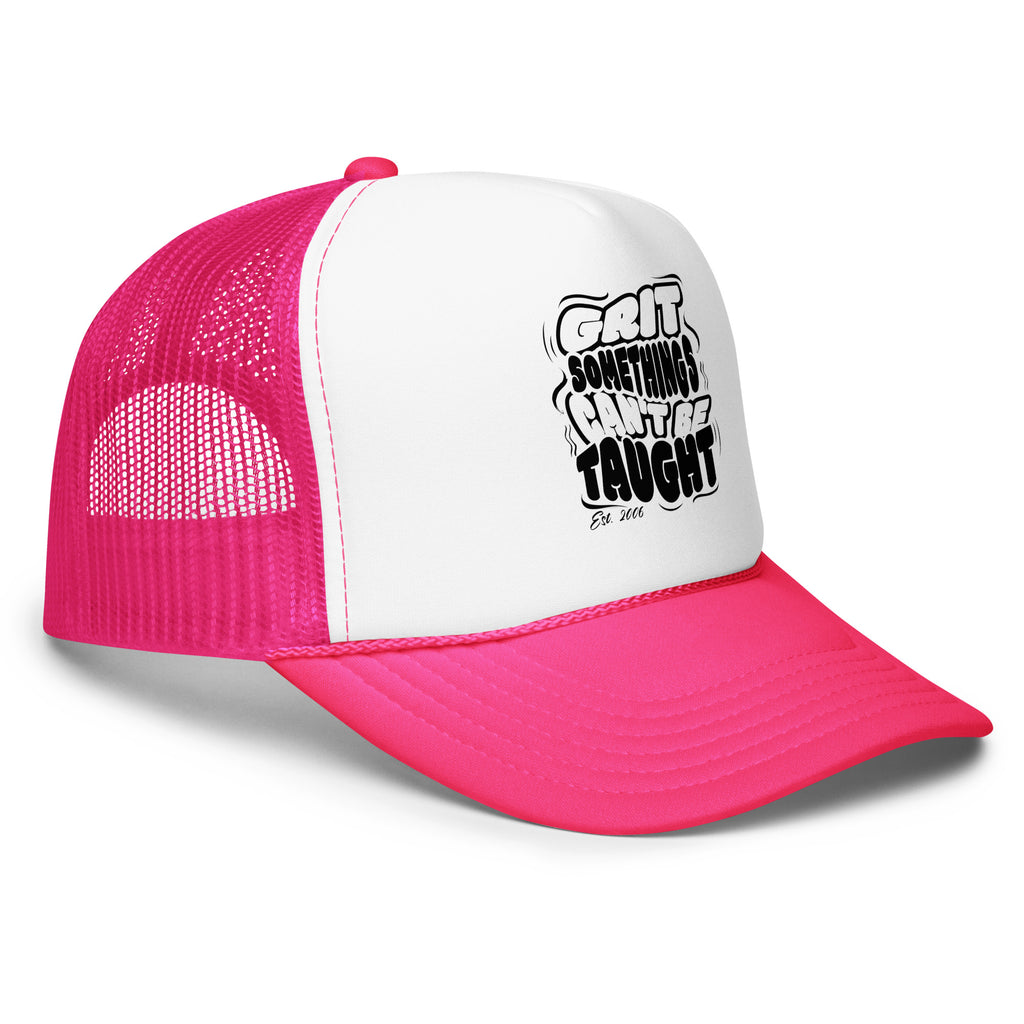 Pink and white trucker hat with text on a white background