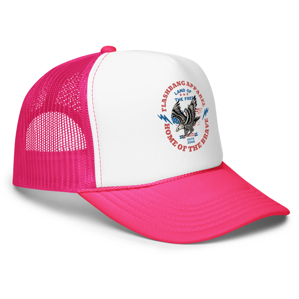Pink and white trucker hat with an eagle design on a white background
