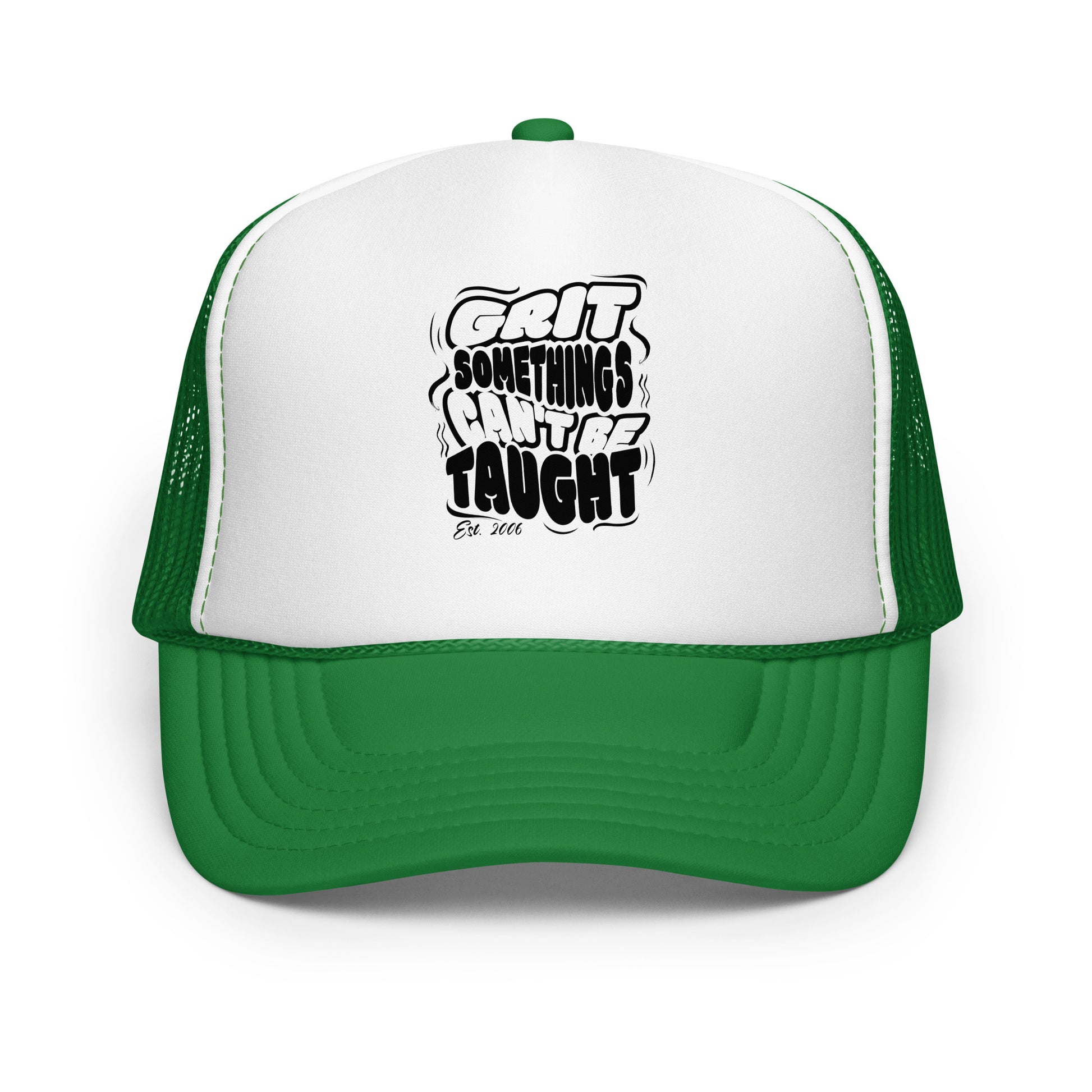 Green and white cap with motivational quote on a white background
