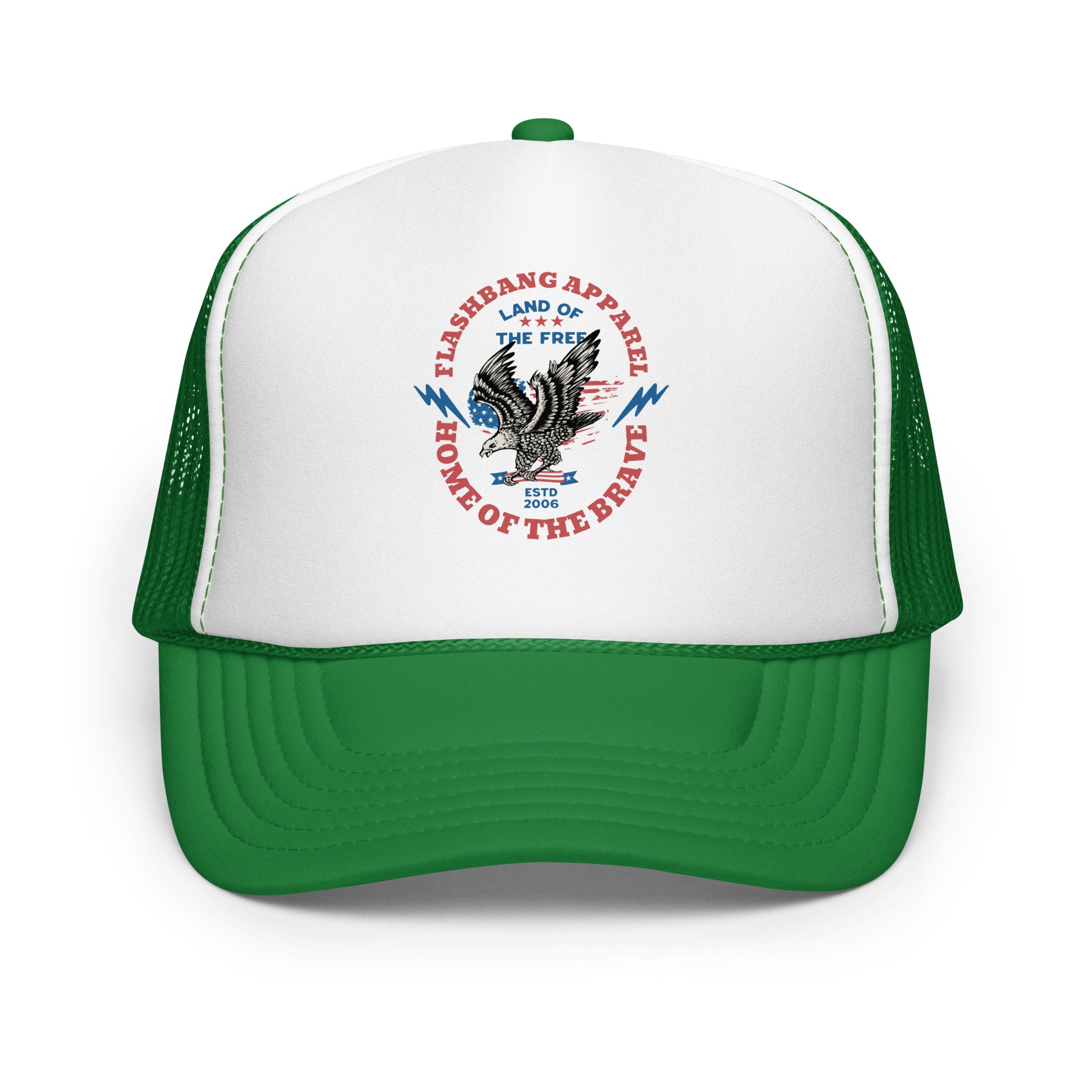 Green and white trucker hat with a logo on a white background
