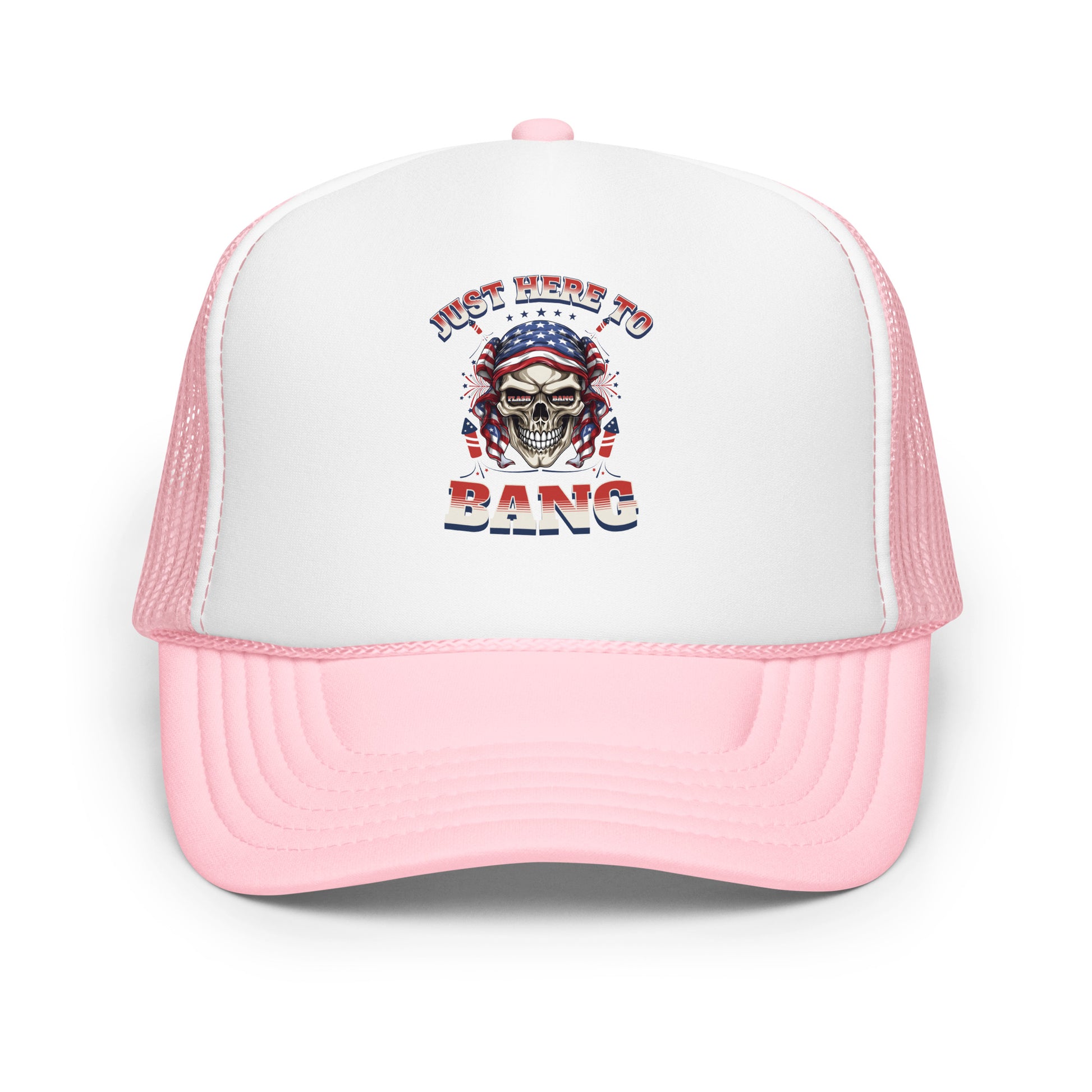 Pink and white trucker hat with skull and text design on a white background