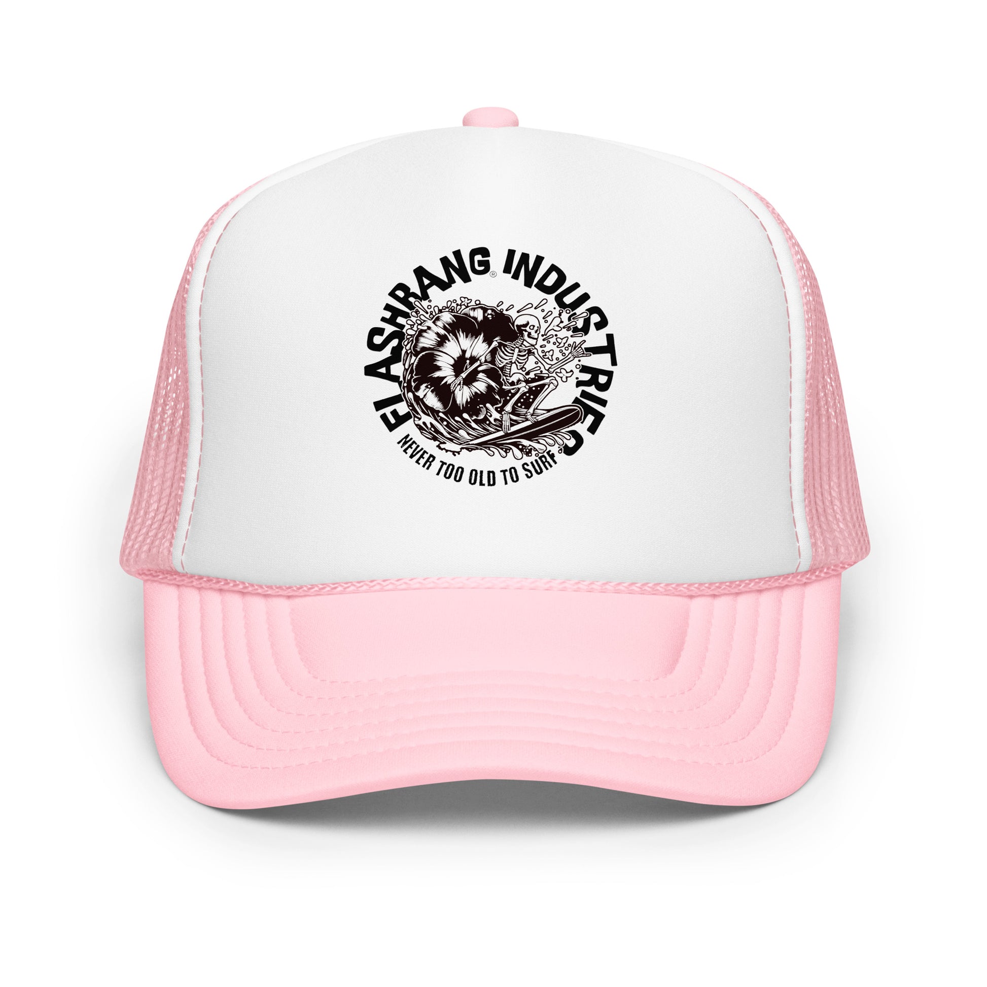 Pink and white trucker hat with a logo and text on a white background