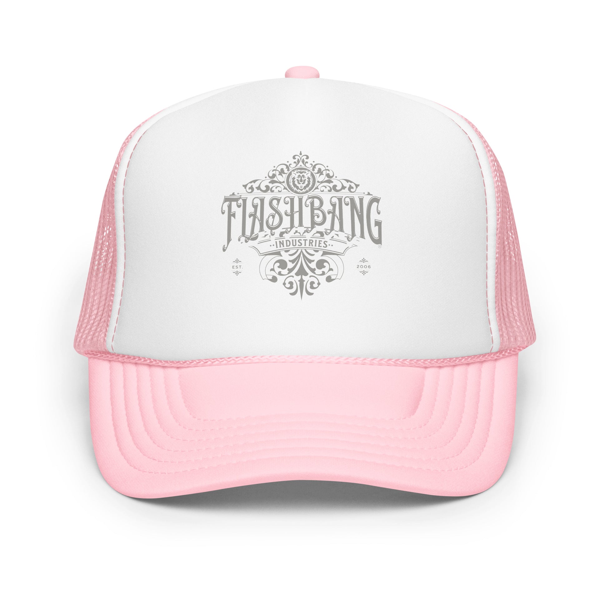 Pink and white trucker hat with 'Flash Bang Industries' logo on a white background