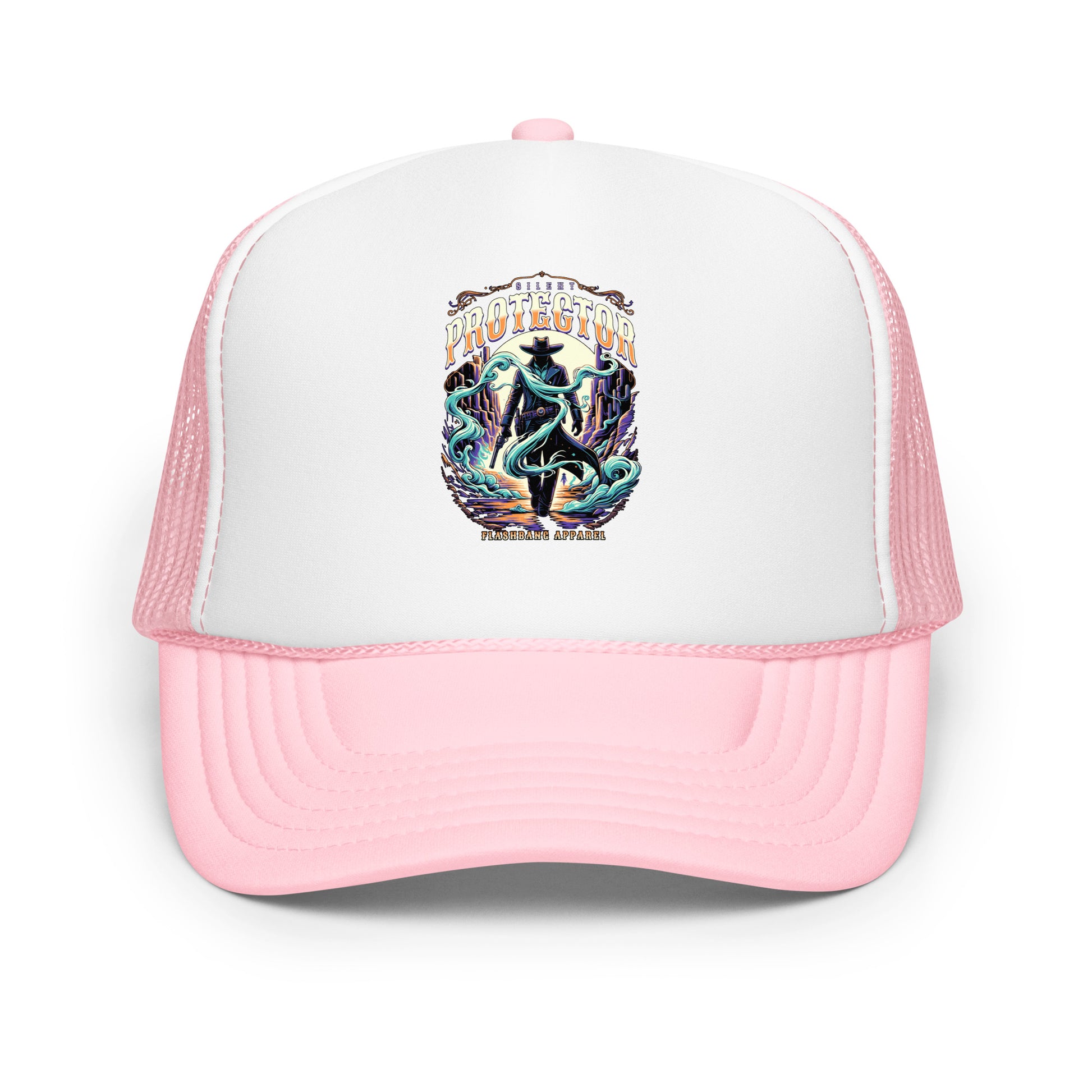Pink and white trucker hat with colorful graphic design on a white background