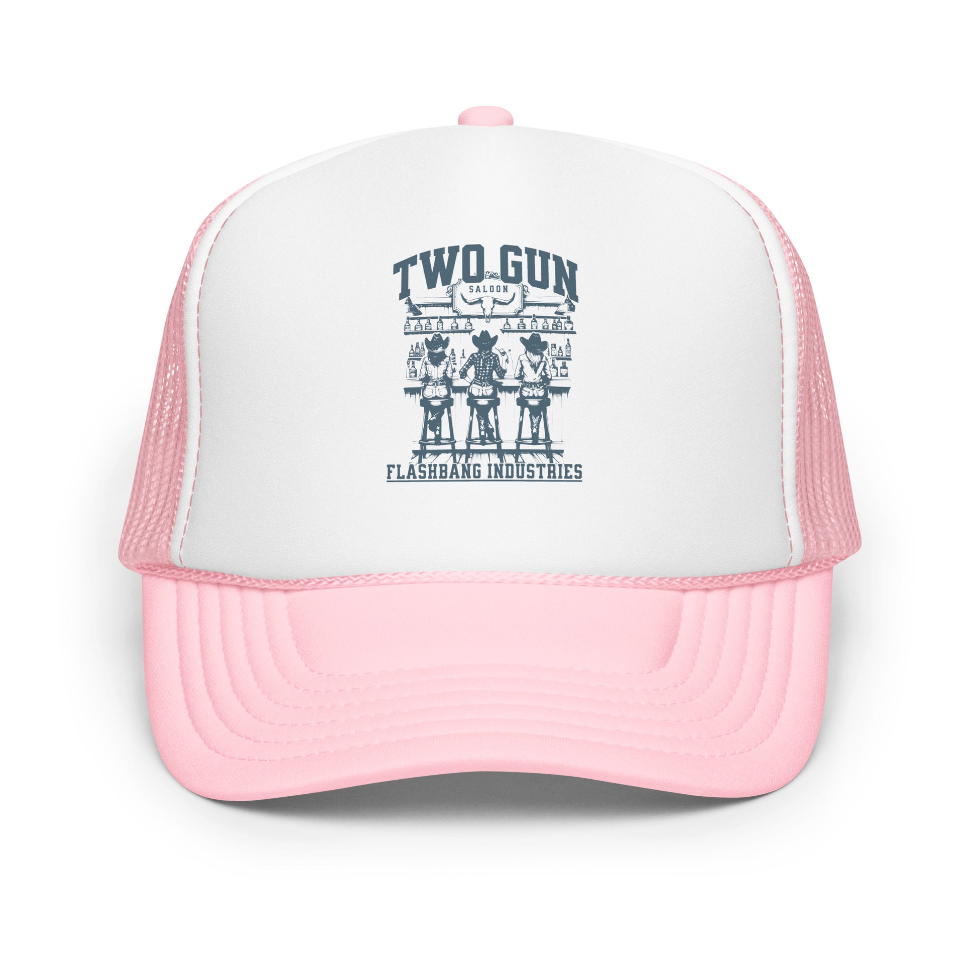 Pink and white trucker hat with 'Two Gun' logo on a white background