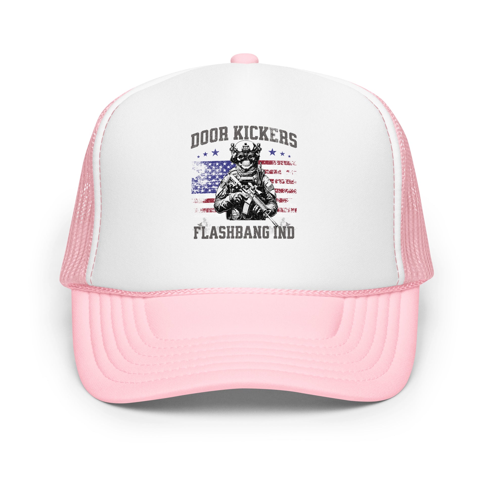 Pink and white trucker hat with graphic design and text on a white background