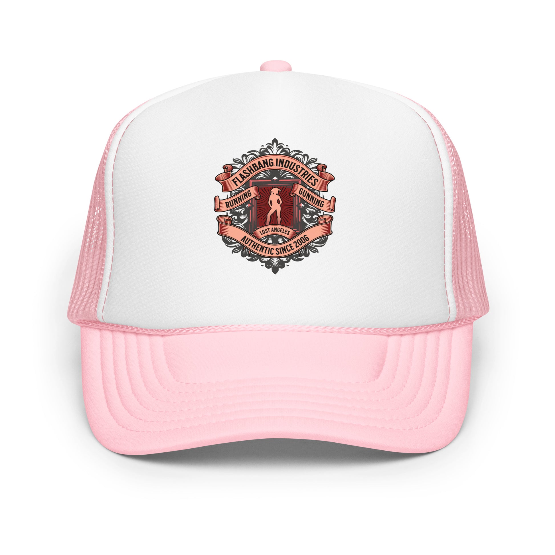 Pink and white cap with a logo on a white background