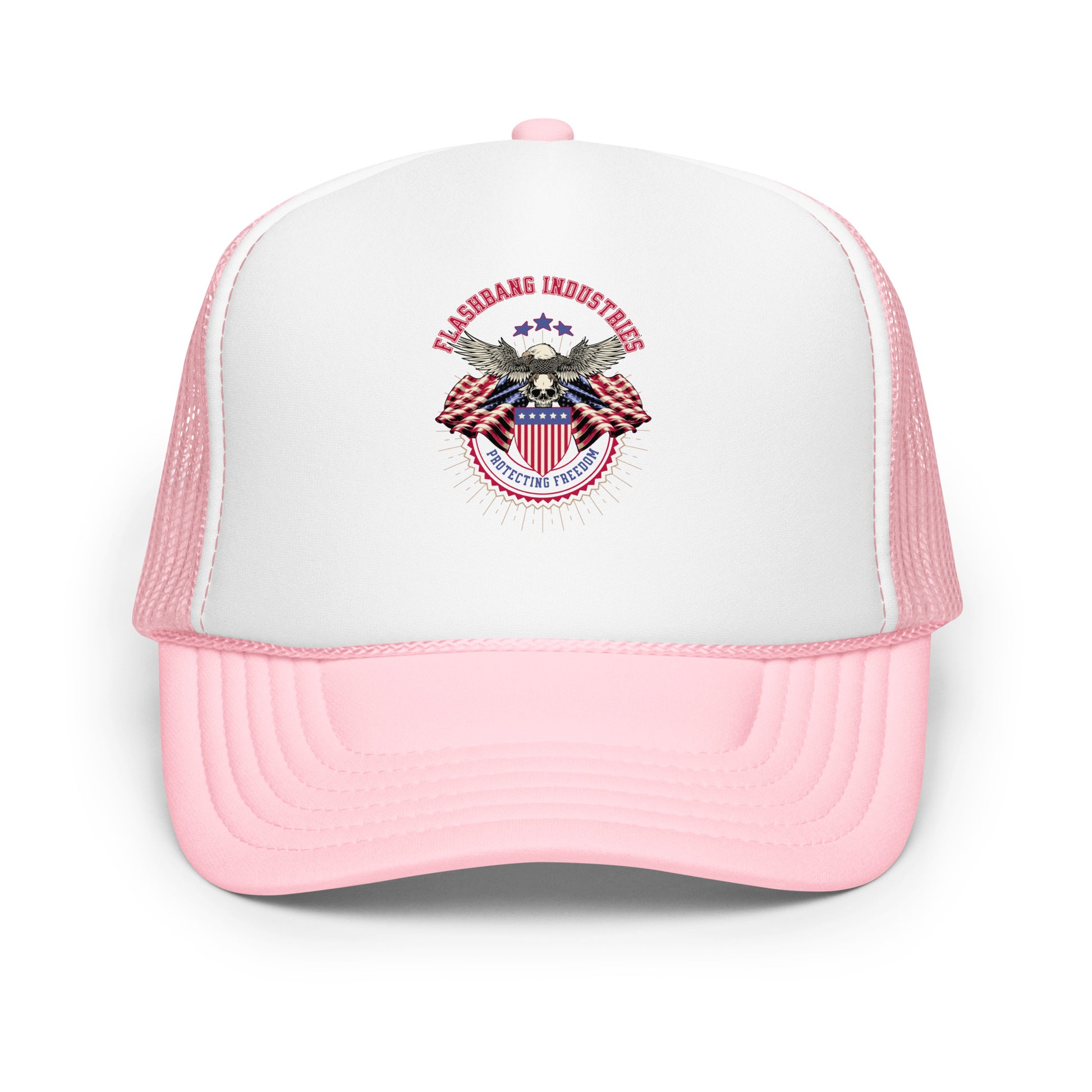 Pink and white cap with a logo on a white background