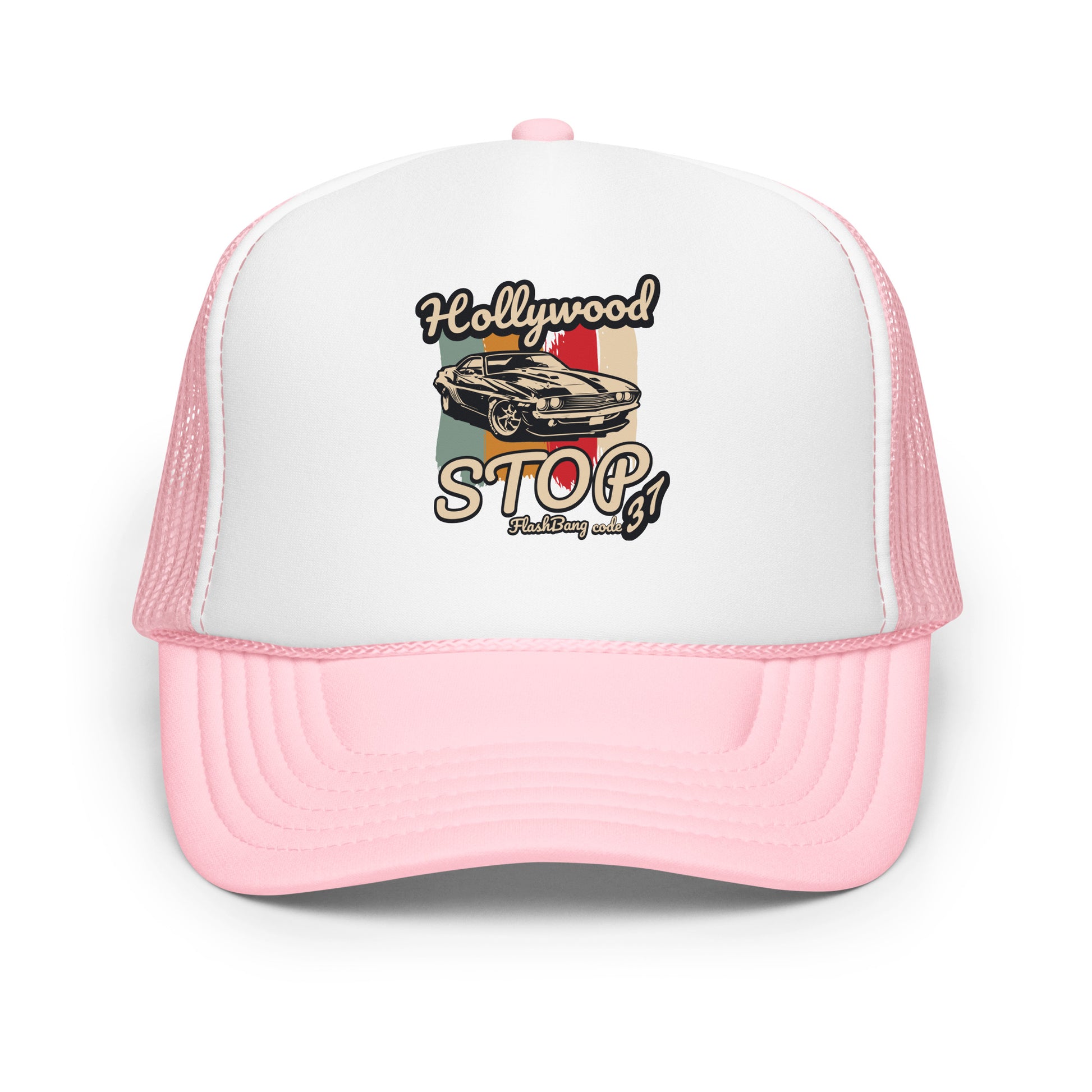 Pink and white trucker hat with 'Hollywood Stop' graphic on a white background