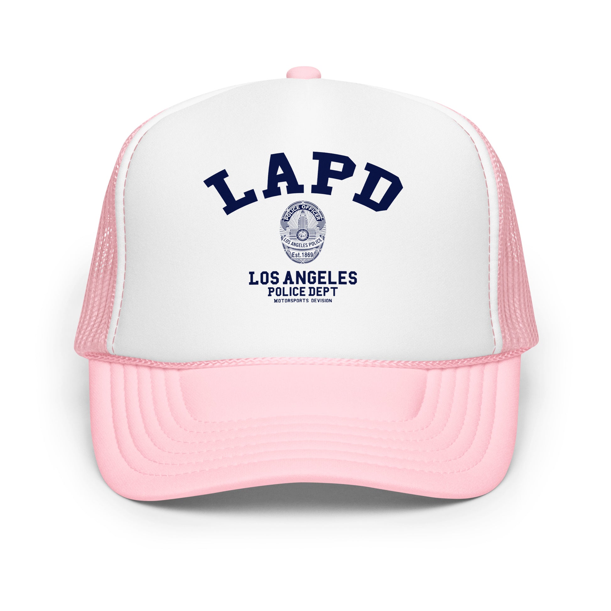 Pink and white trucker hat with LAPD Los Angeles Police Dept logo on a white background
