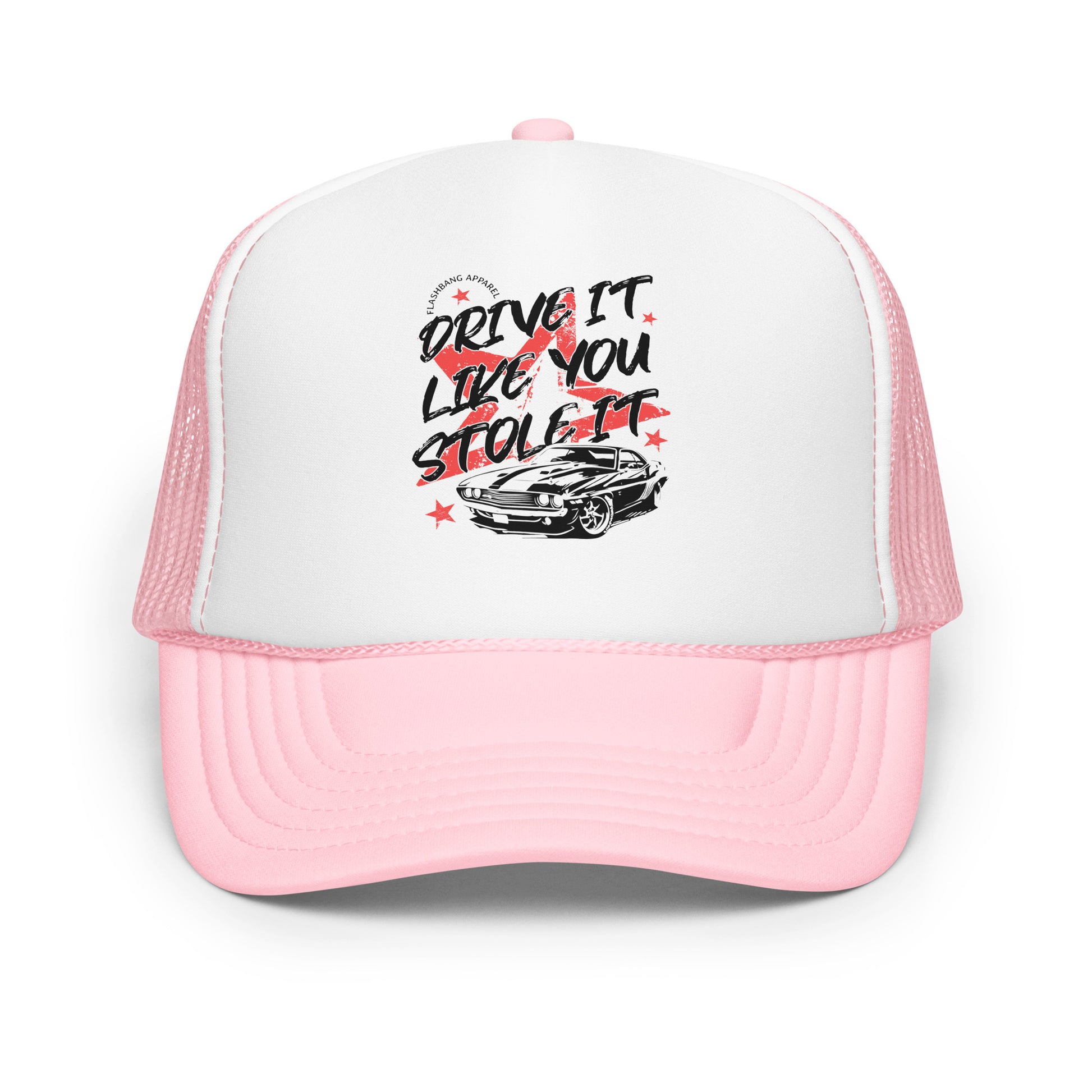 Pink and white trucker hat with graphic design and text on a white background