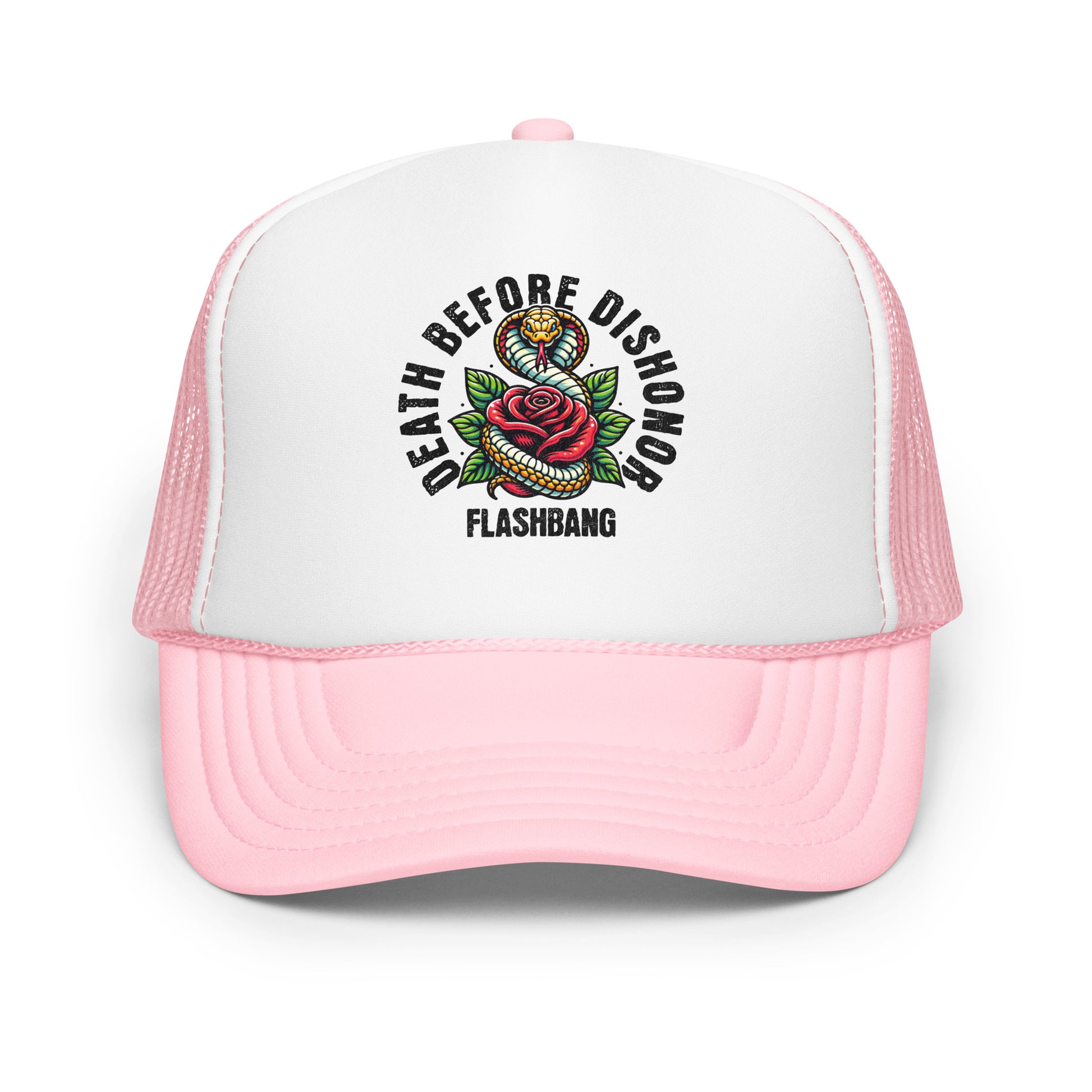 Pink and white trucker hat with 'Death Before Dishonor Flashbang' design on a white background