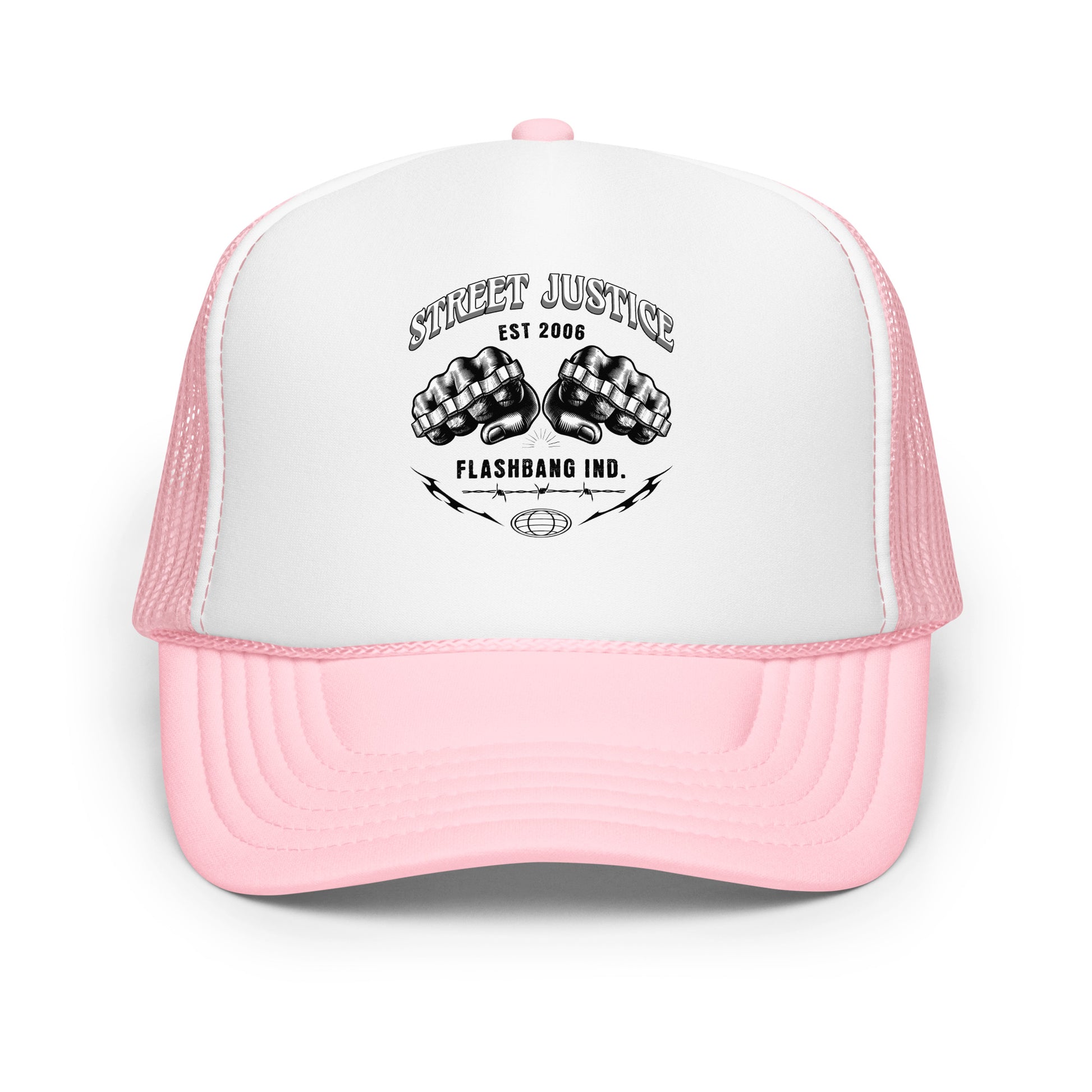 Pink and white trucker hat with 'Street Justice' and 'Flashbang Ind.' text on a white background