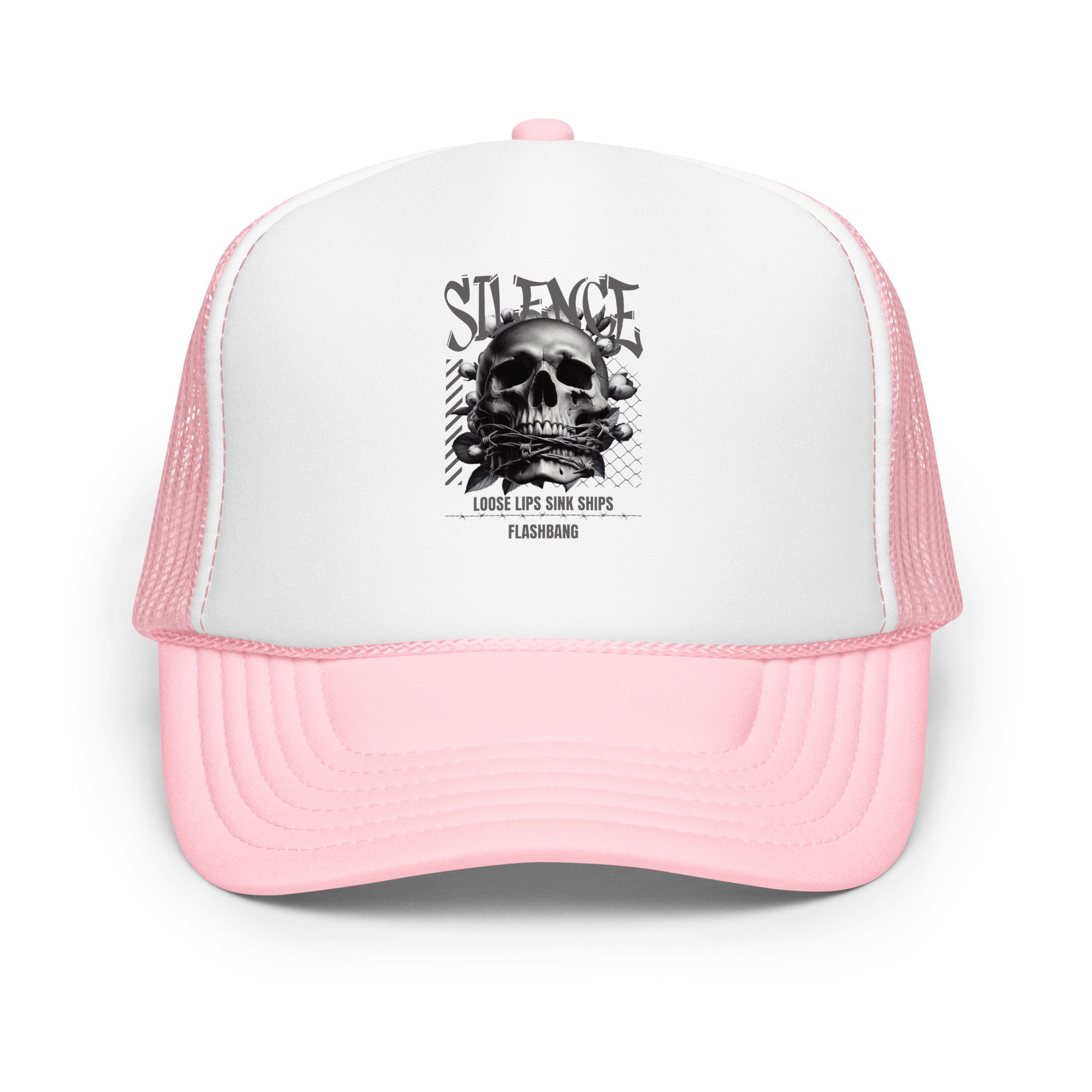 Pink and white trucker hat with skull design and text on a white background