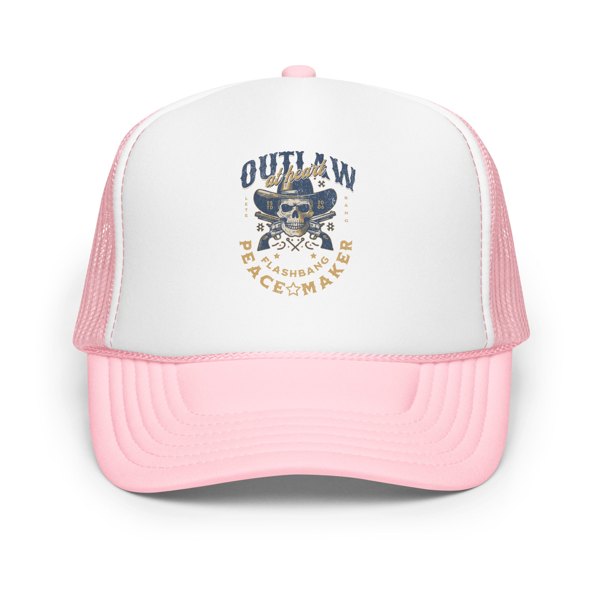 Pink and white trucker hat with graphic design on a white background
