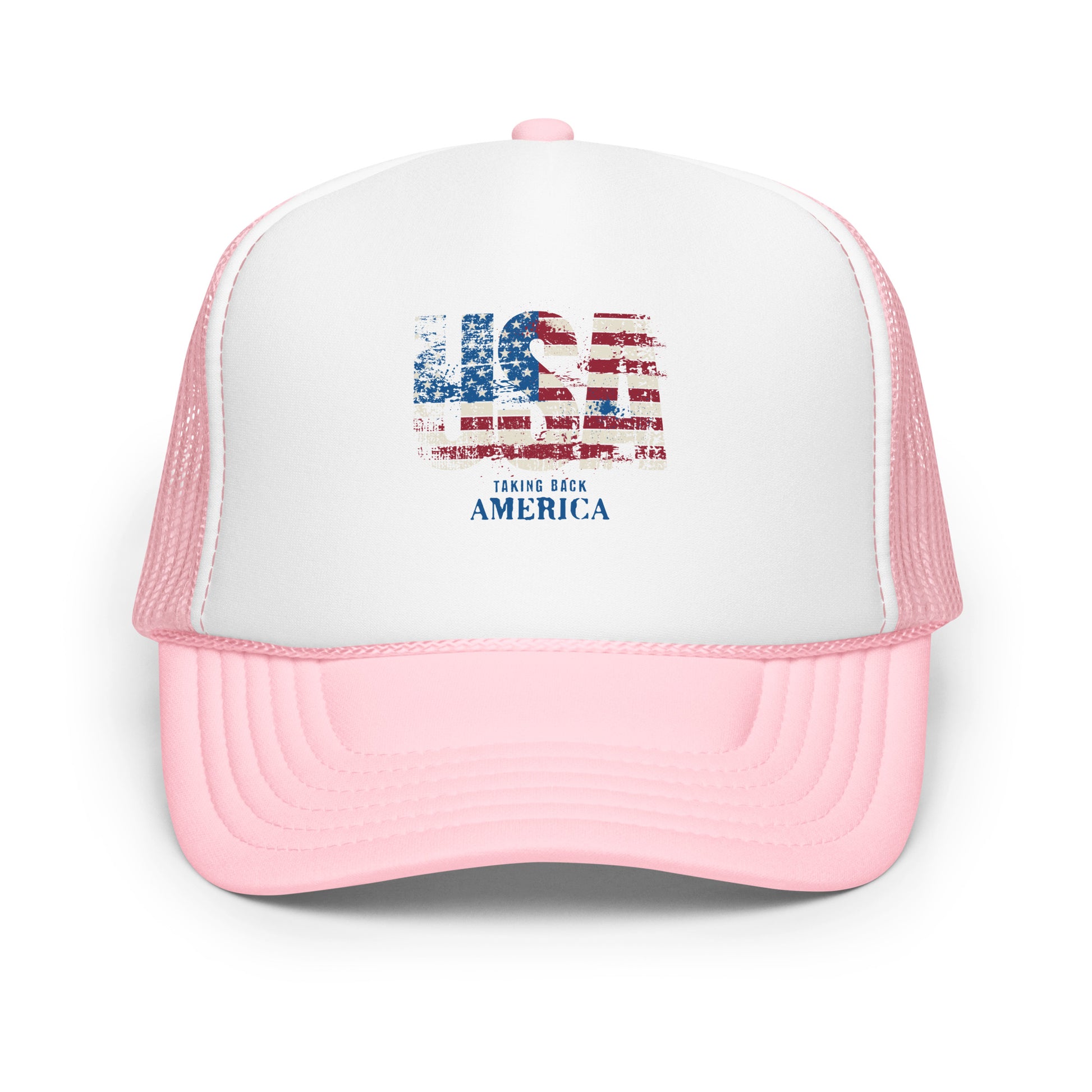 Pink and white trucker hat with American flag design and text on a white background