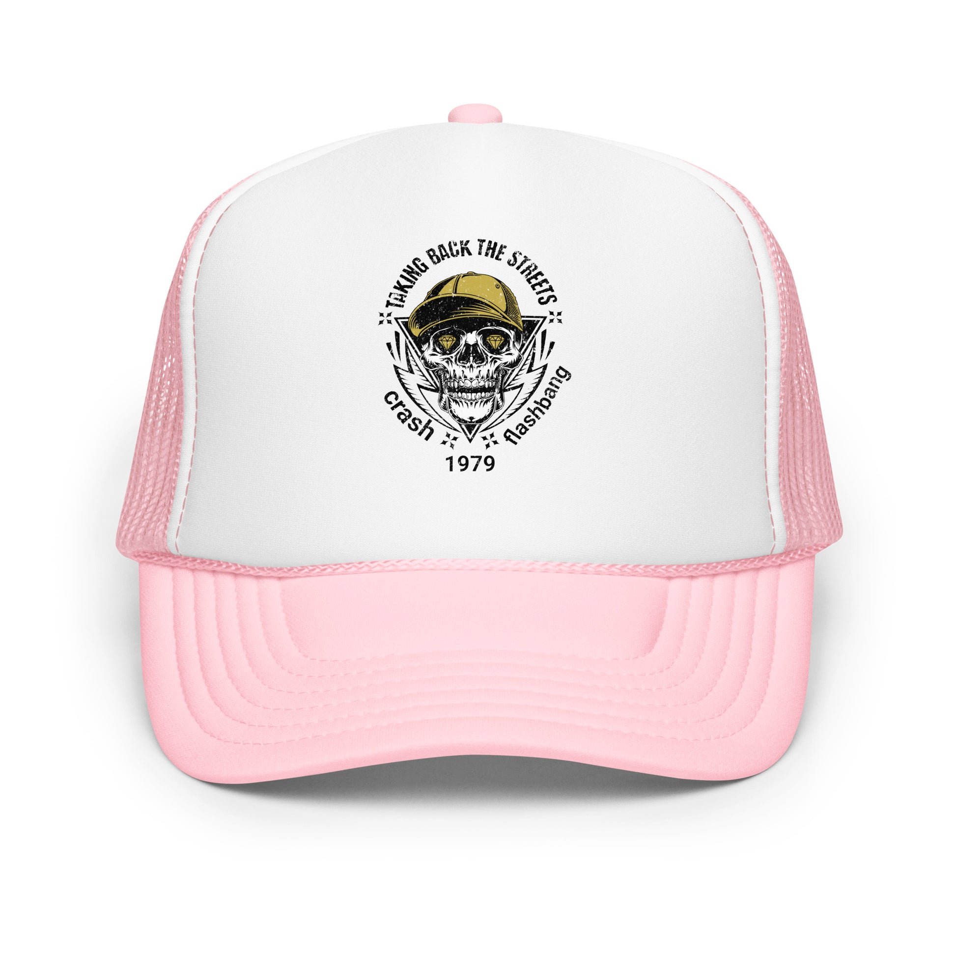 Pink and white trucker hat with skull and text design on a white background