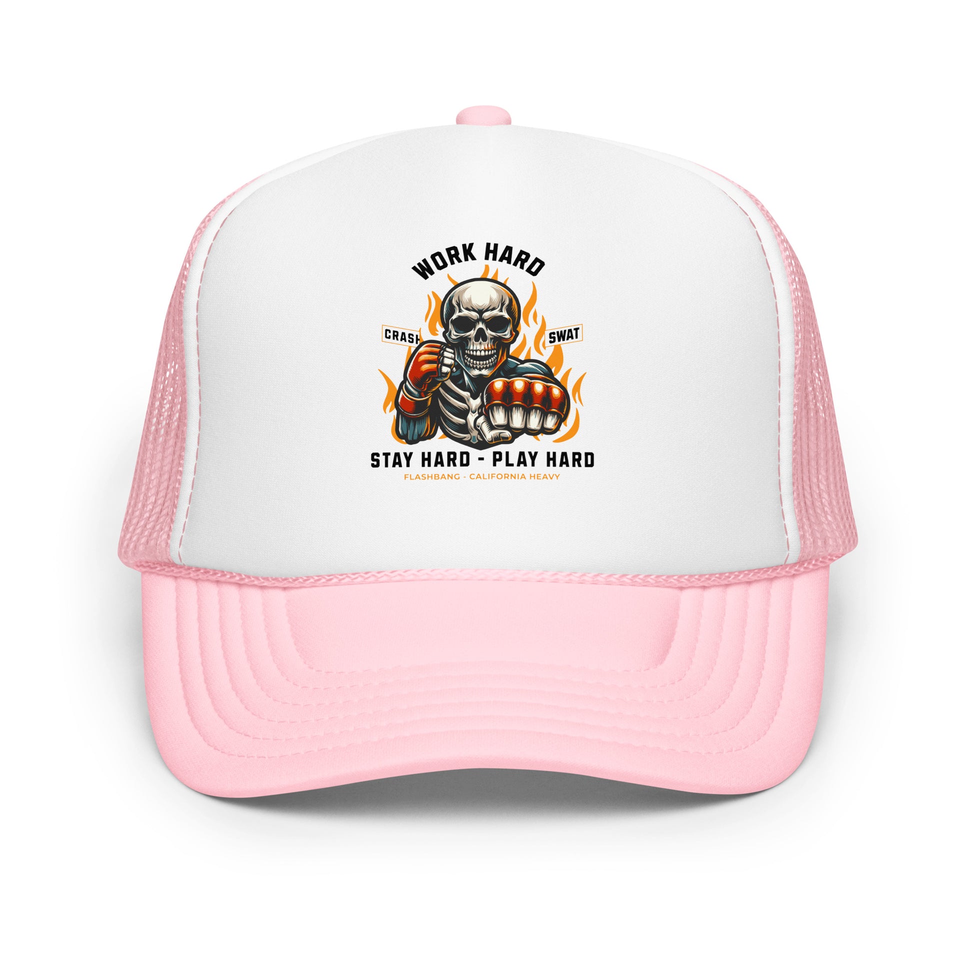 Pink and white trucker hat with a graphic design on a white background