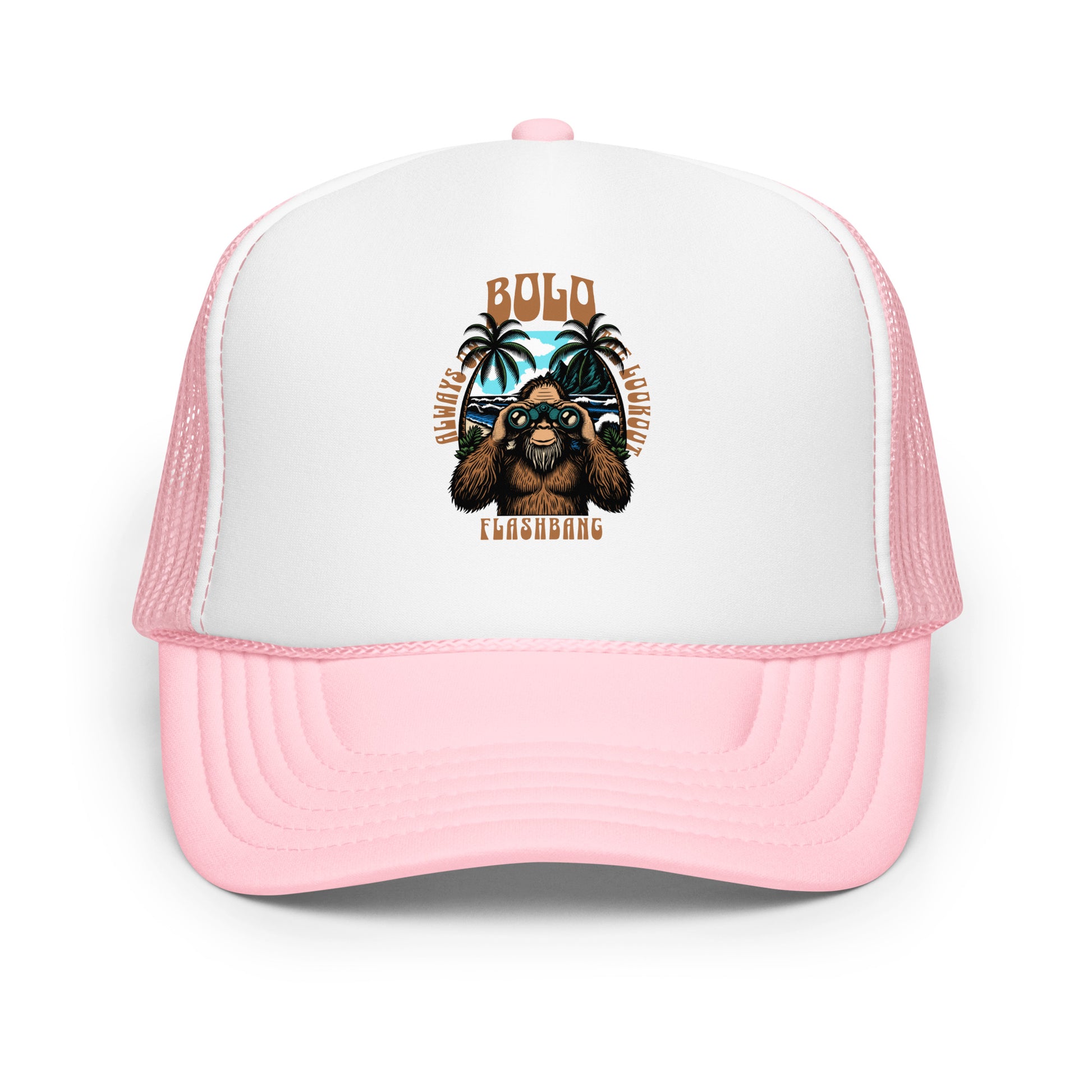 Pink and white trucker hat with a graphic design on a white background