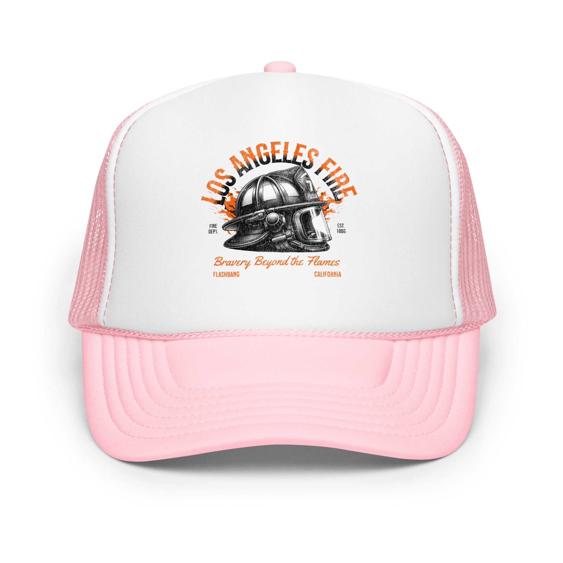 Pink and white cap with 'Los Angeles Fire' design on a white background