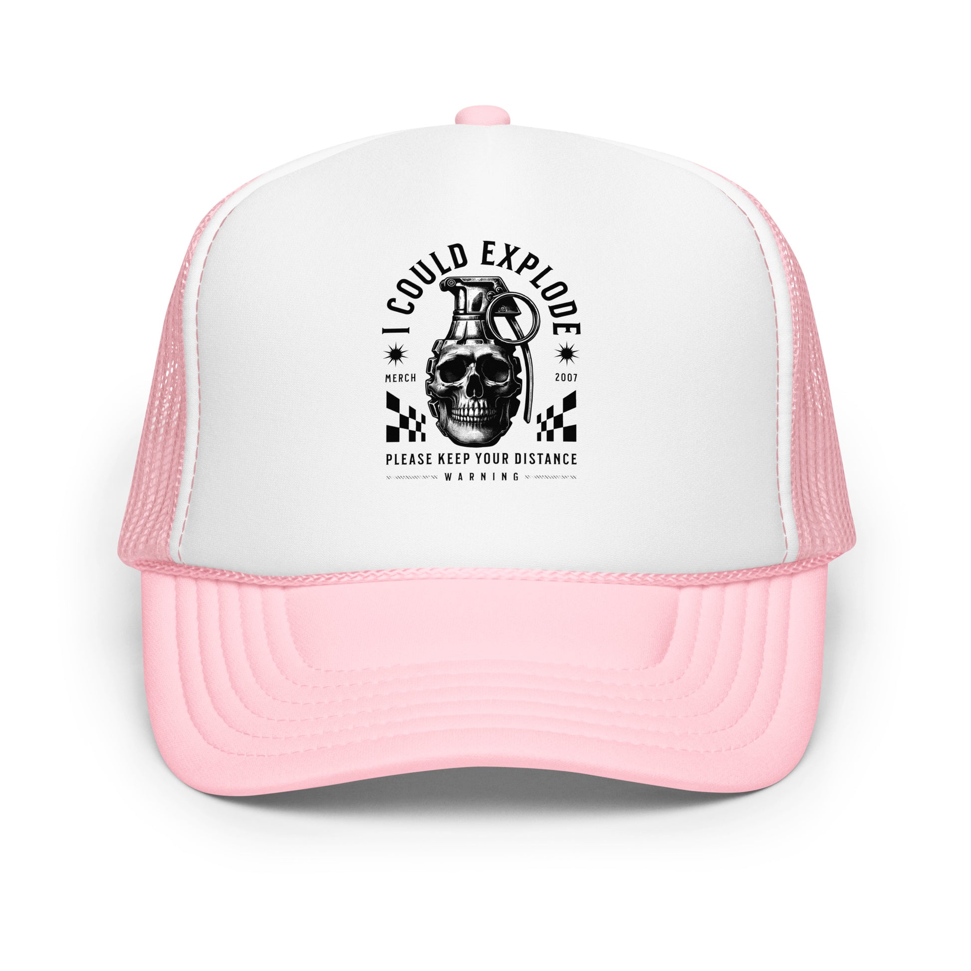 Pink and white trucker hat with a graphic design on a white background