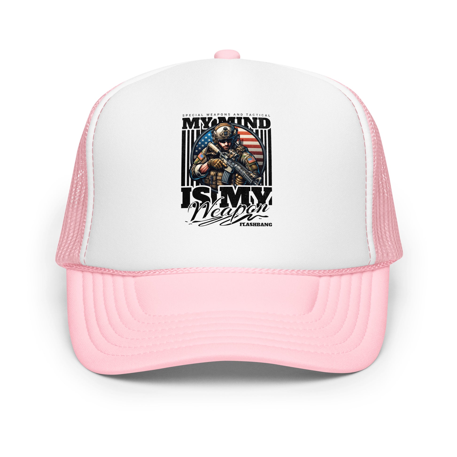 Pink and white trucker hat with graphic design on a white background