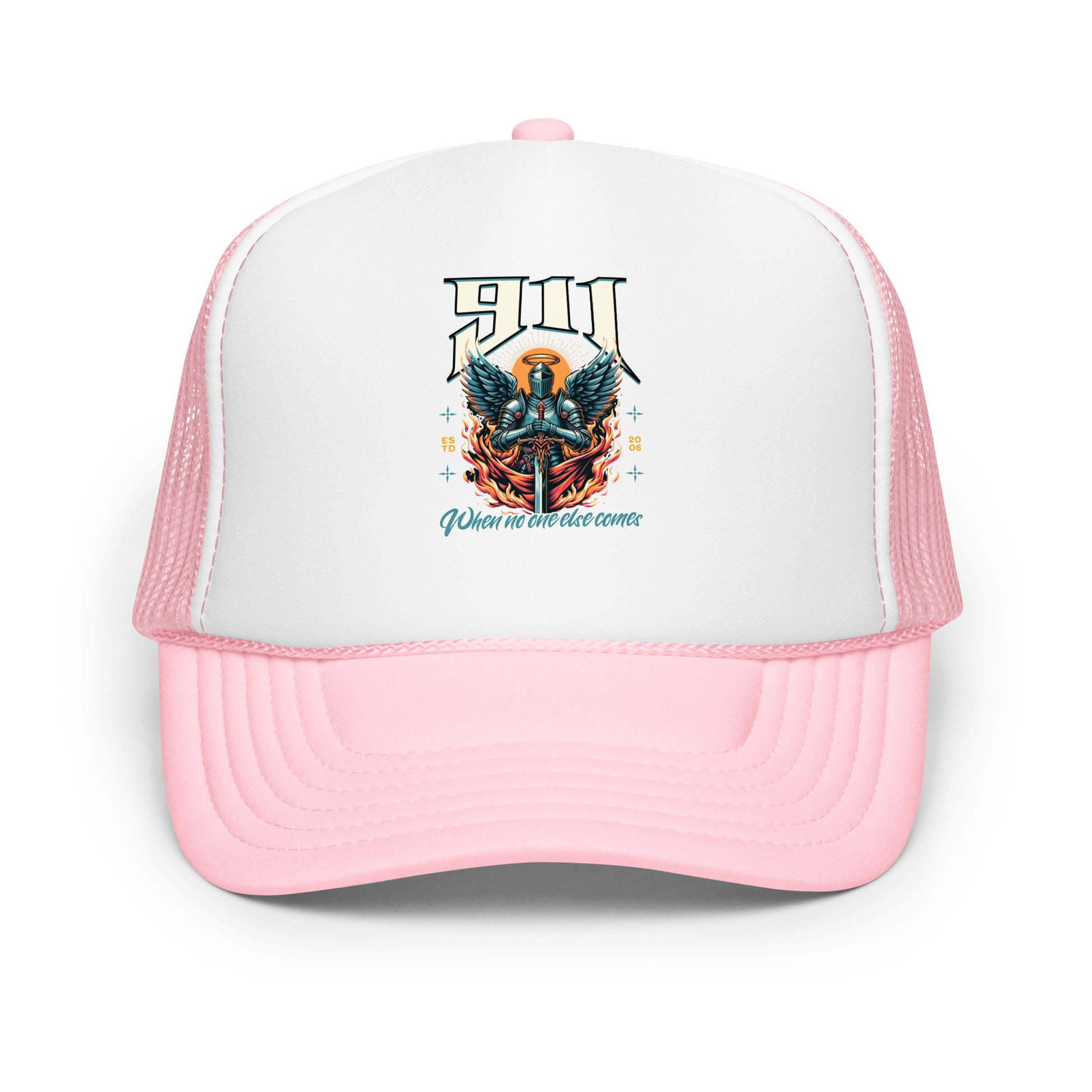 Pink and white trucker hat with graphic design on a white background