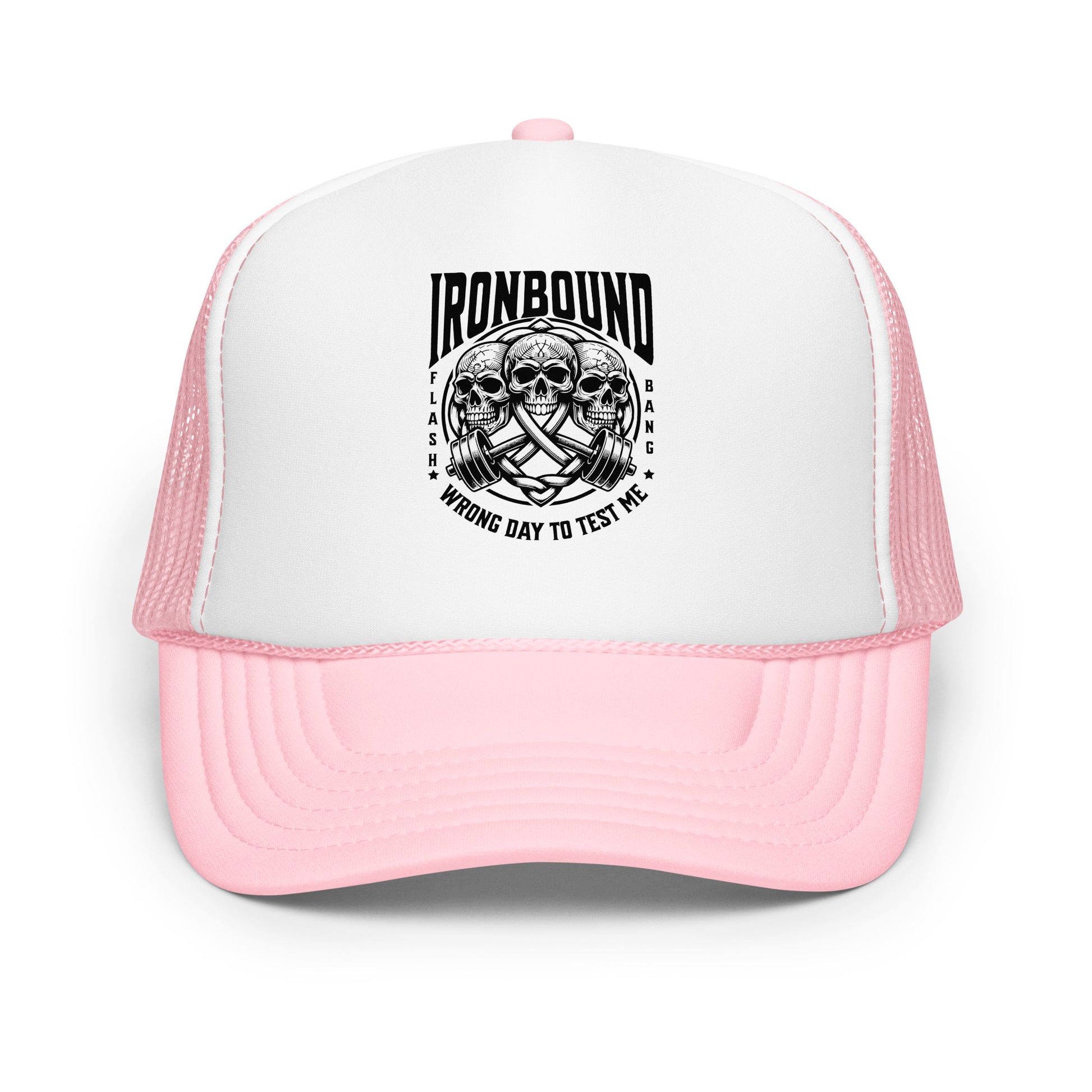 Pink and white trucker hat with 'Ironbound' logo on a white background