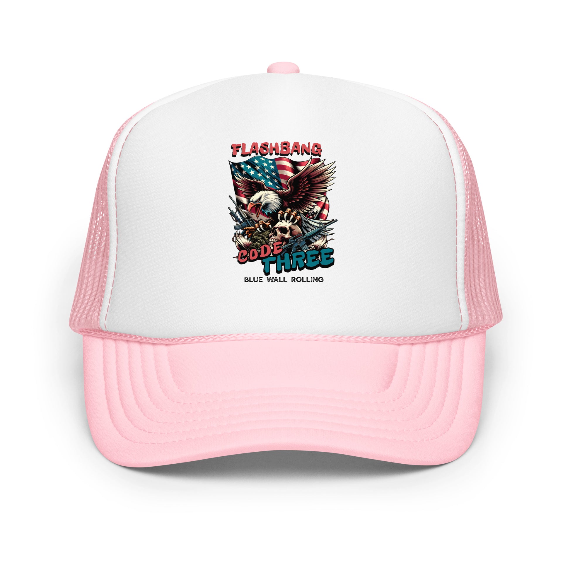 Pink and white trucker hat with graphic design on a white background