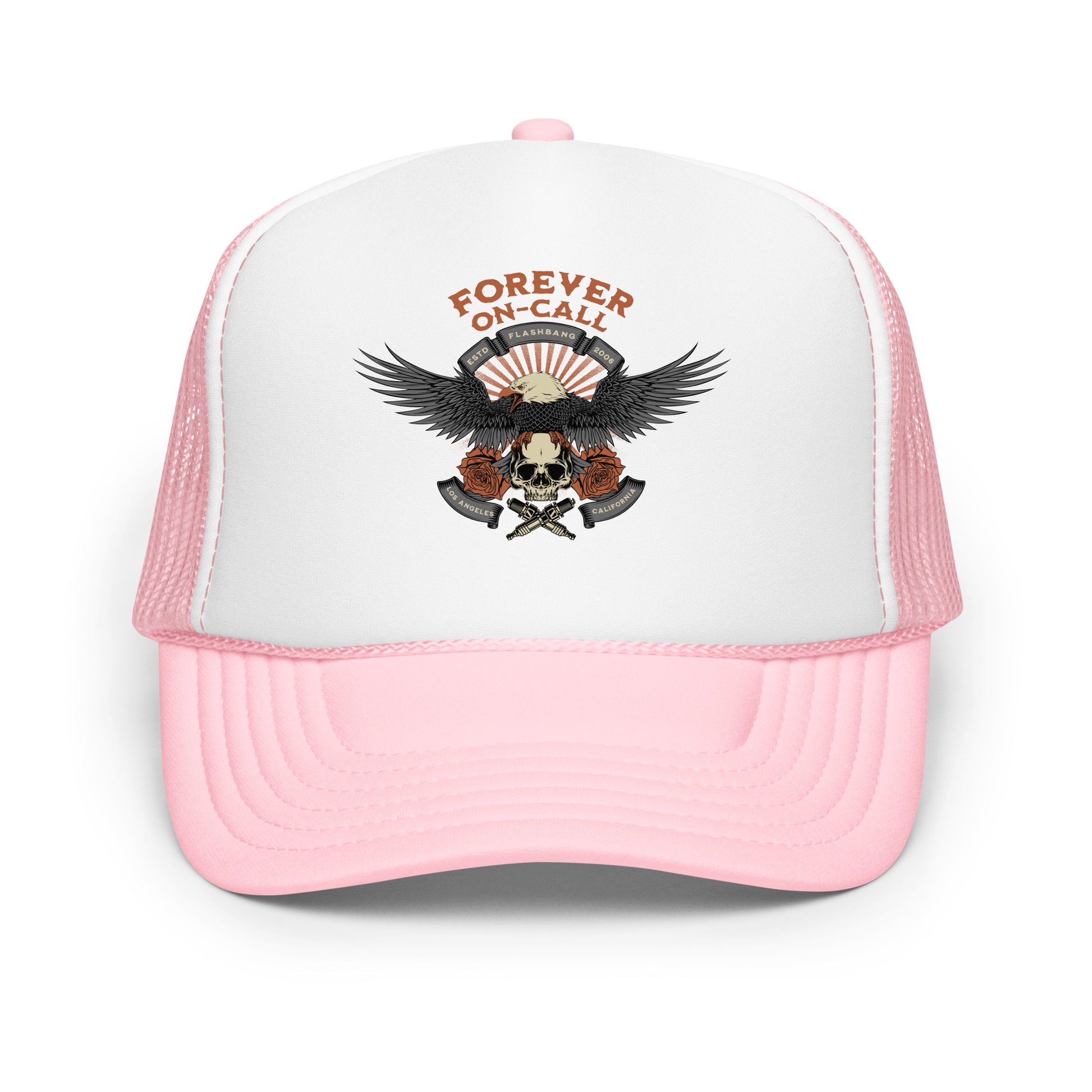 Pink and white trucker hat with an eagle and skull design and 'Forever On-Call' text on a white background.