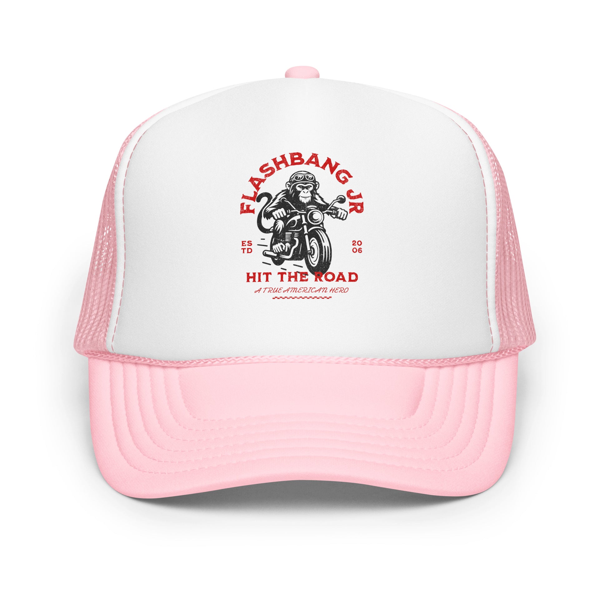 Pink and white cap with 'Flashbang Jr' logo on a white background