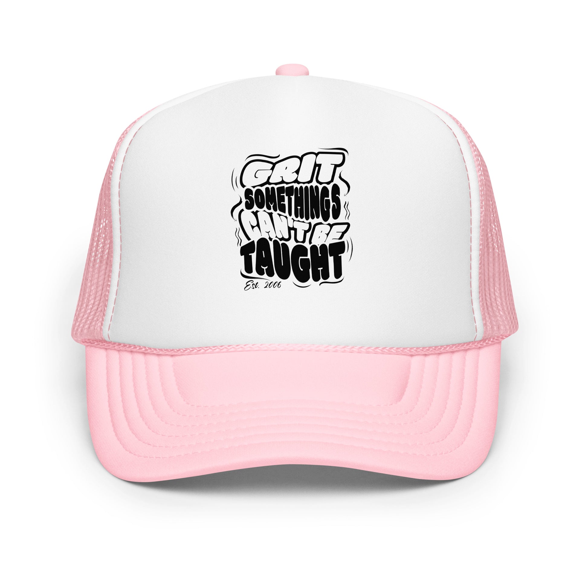 Pink and white trucker hat with black text on a white background