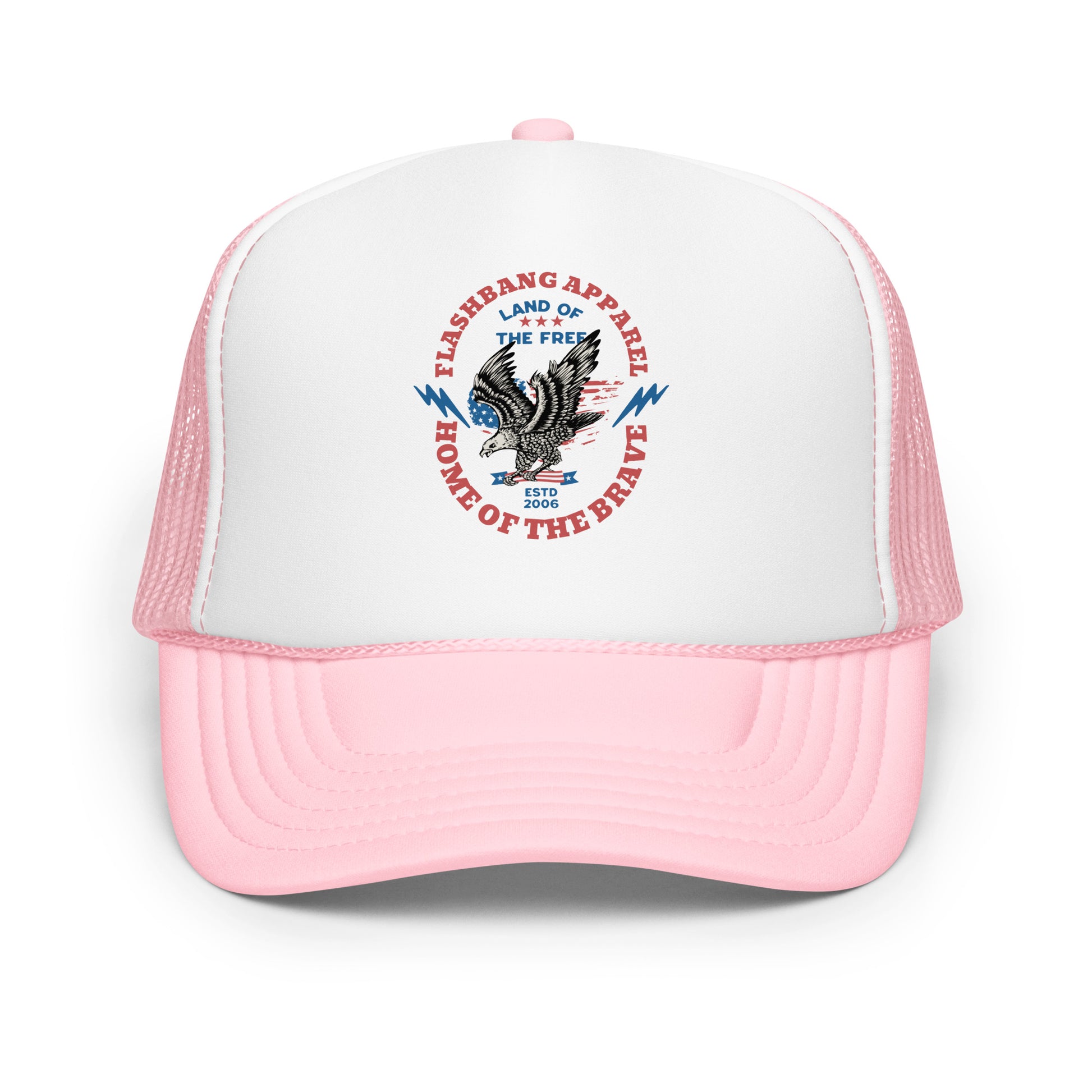 Pink and white trucker hat with a logo on a white background