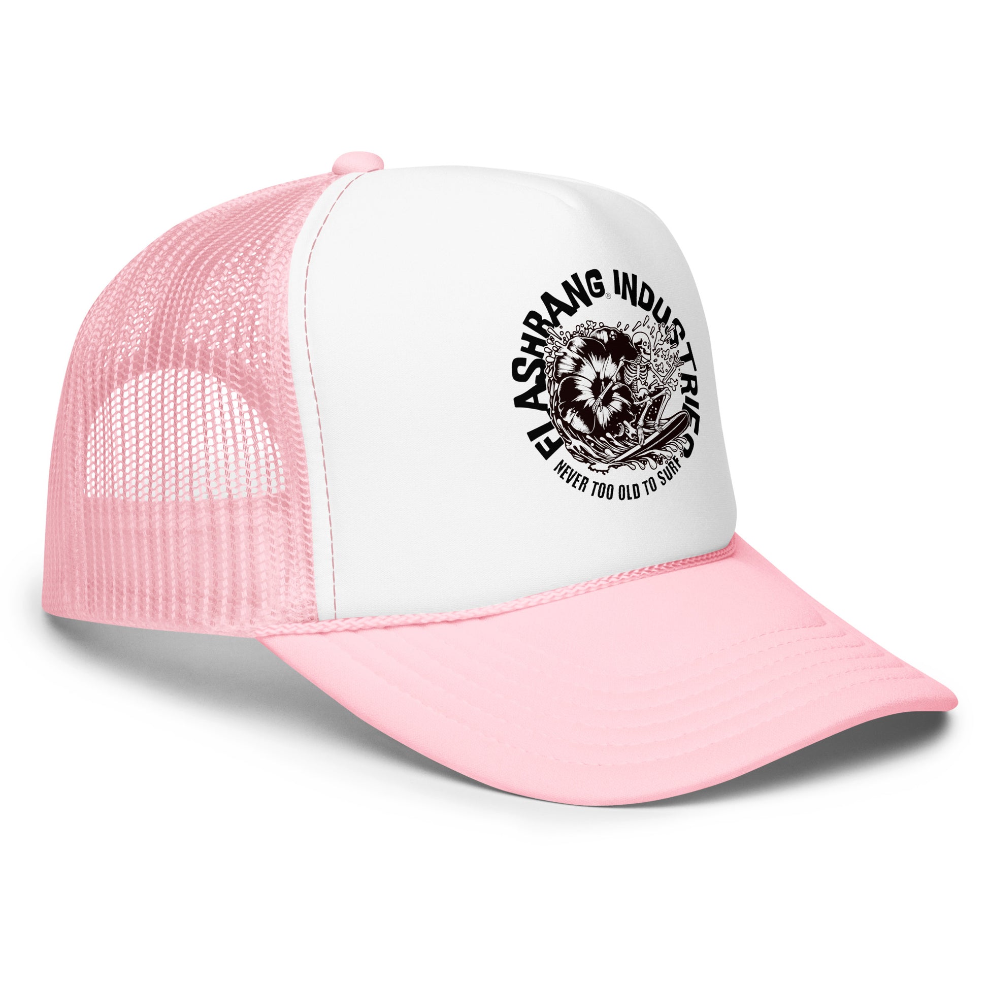 Pink and white trucker cap with a logo on a white background