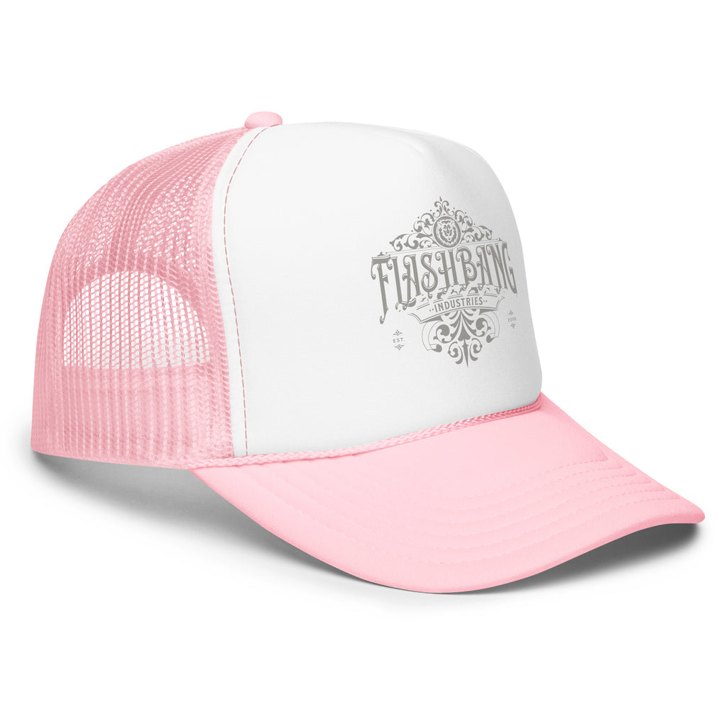 Pink and white trucker cap with mesh back on a white background