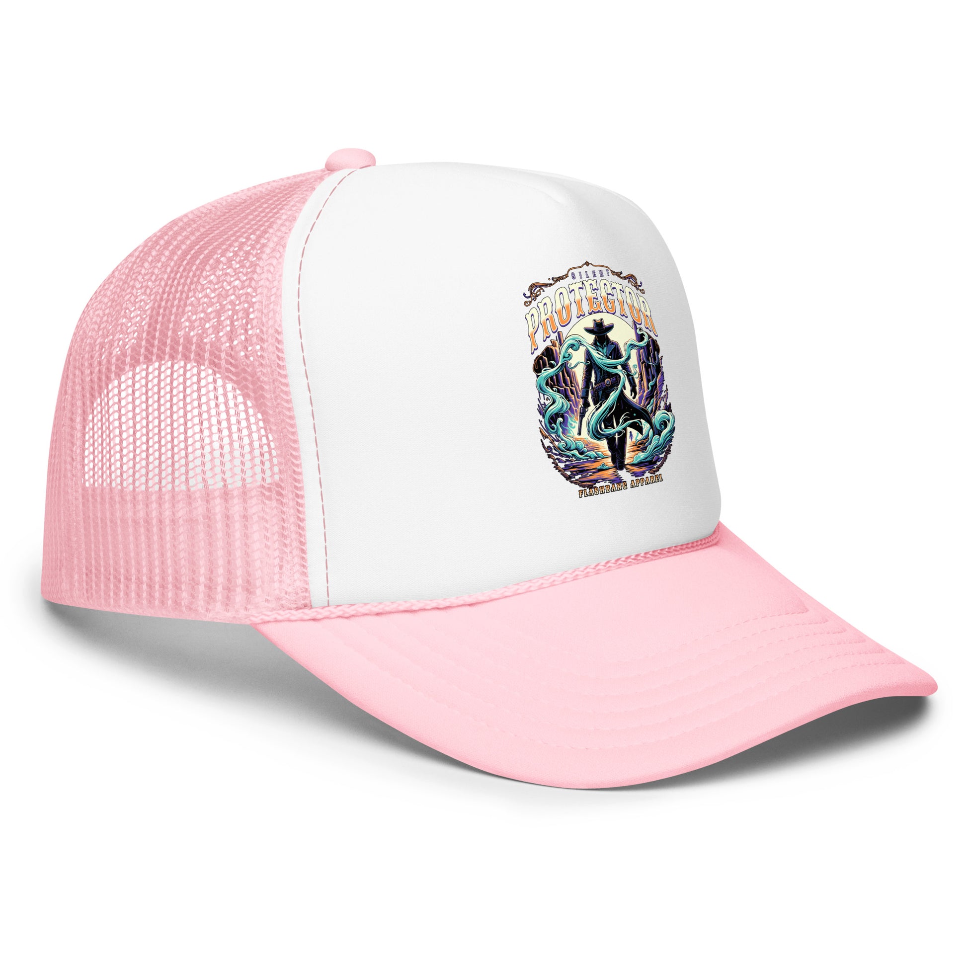 Pink and white trucker hat with a colorful graphic design on a white background
