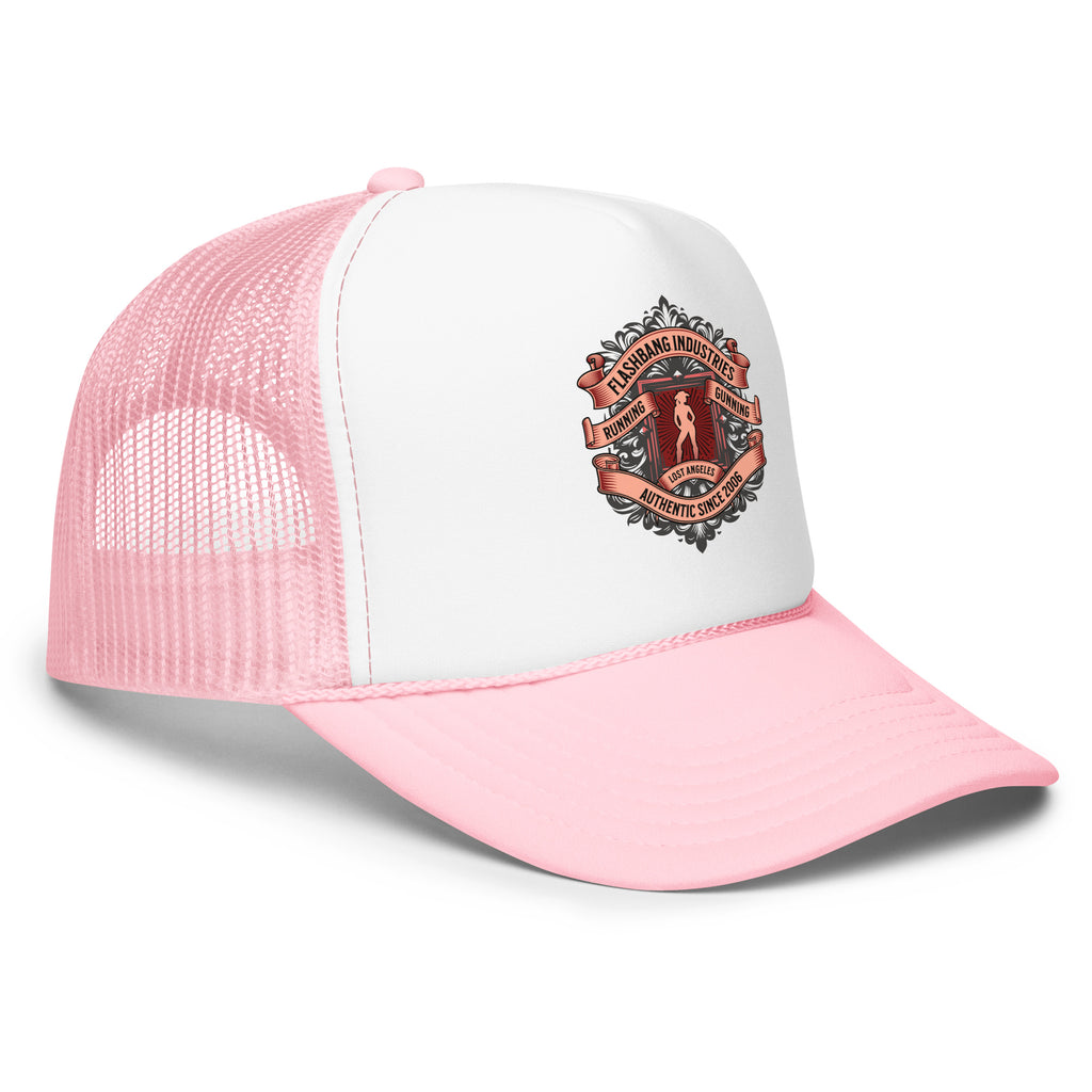 Pink and white cap with a logo on a white background