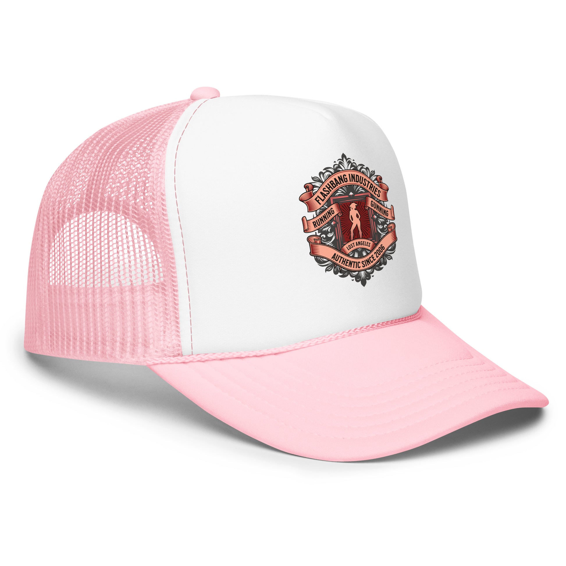 Pink and white cap with a logo on a white background