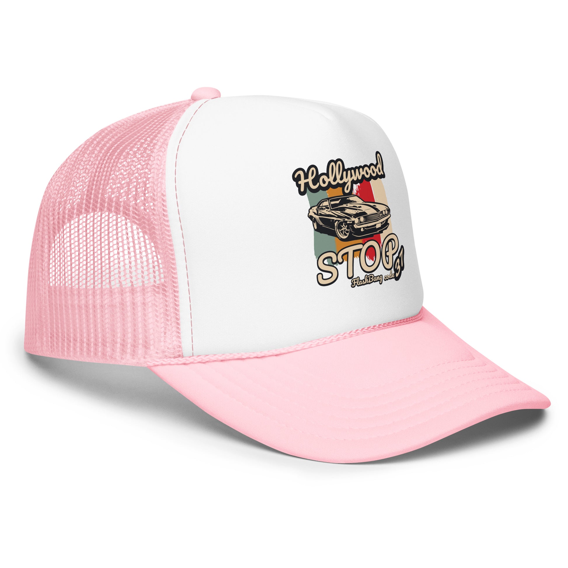 Pink and white trucker hat with 'Hollywood Stock' graphic on a white background