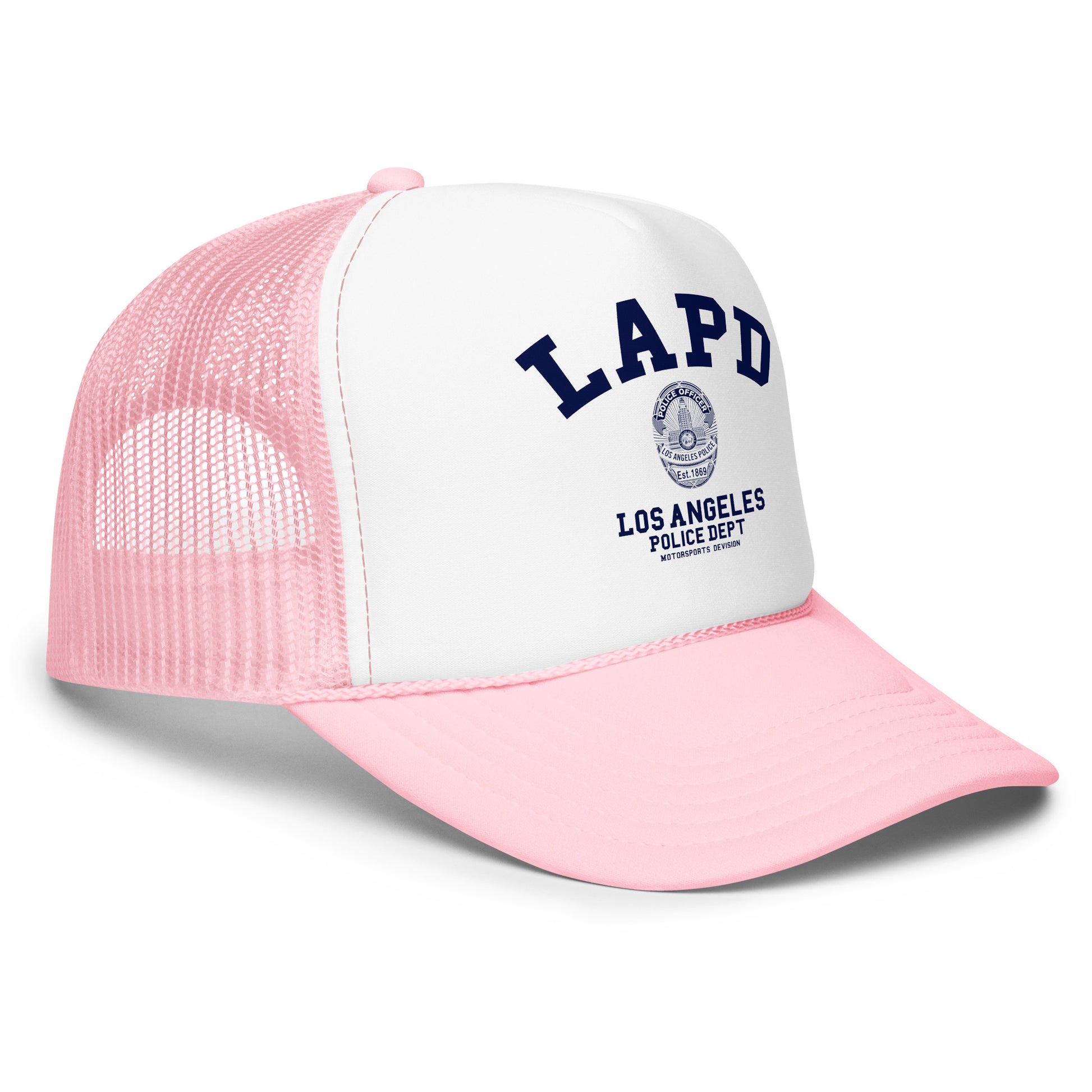 Pink and white cap with LAPD Los Angeles Police Dept logo on a white background