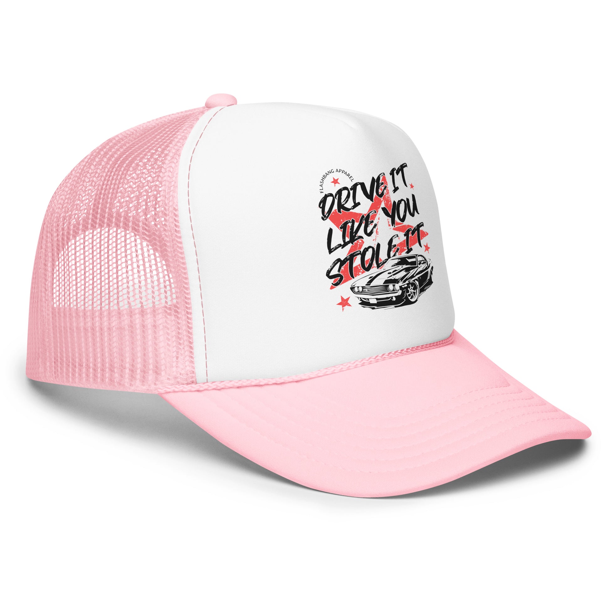 Pink and white trucker cap with graphic design on a white background