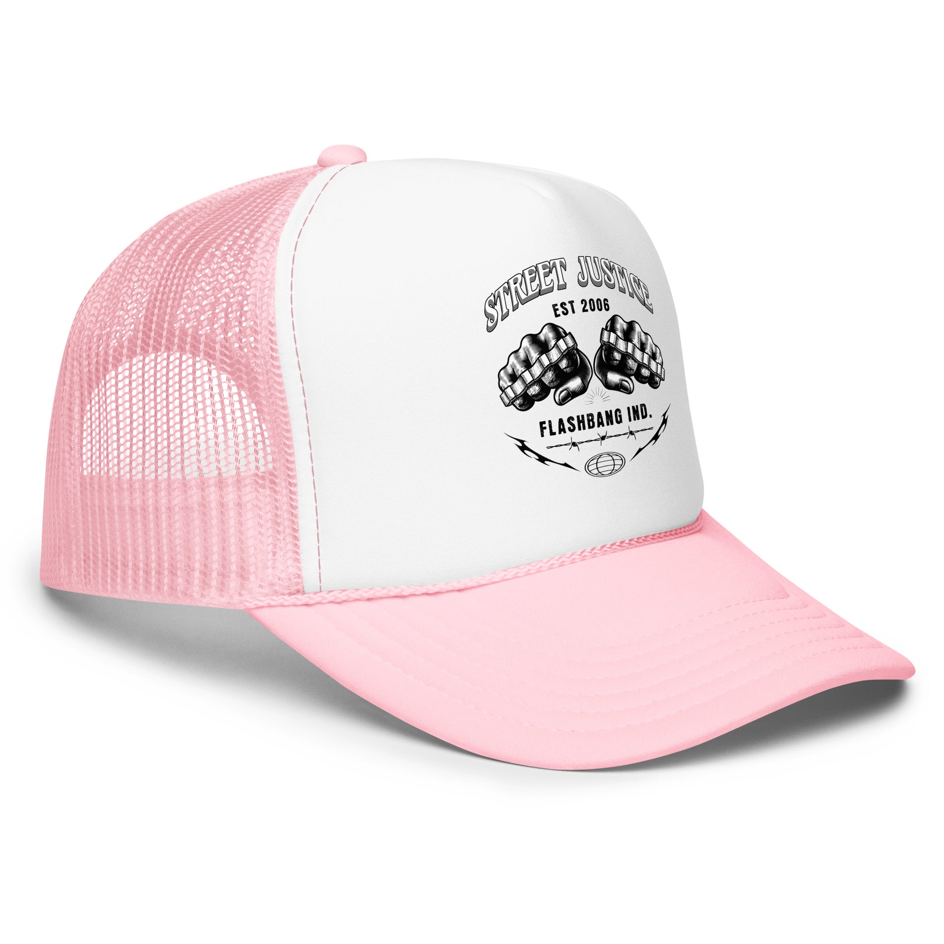 Pink and white trucker cap with graphic design on a white background