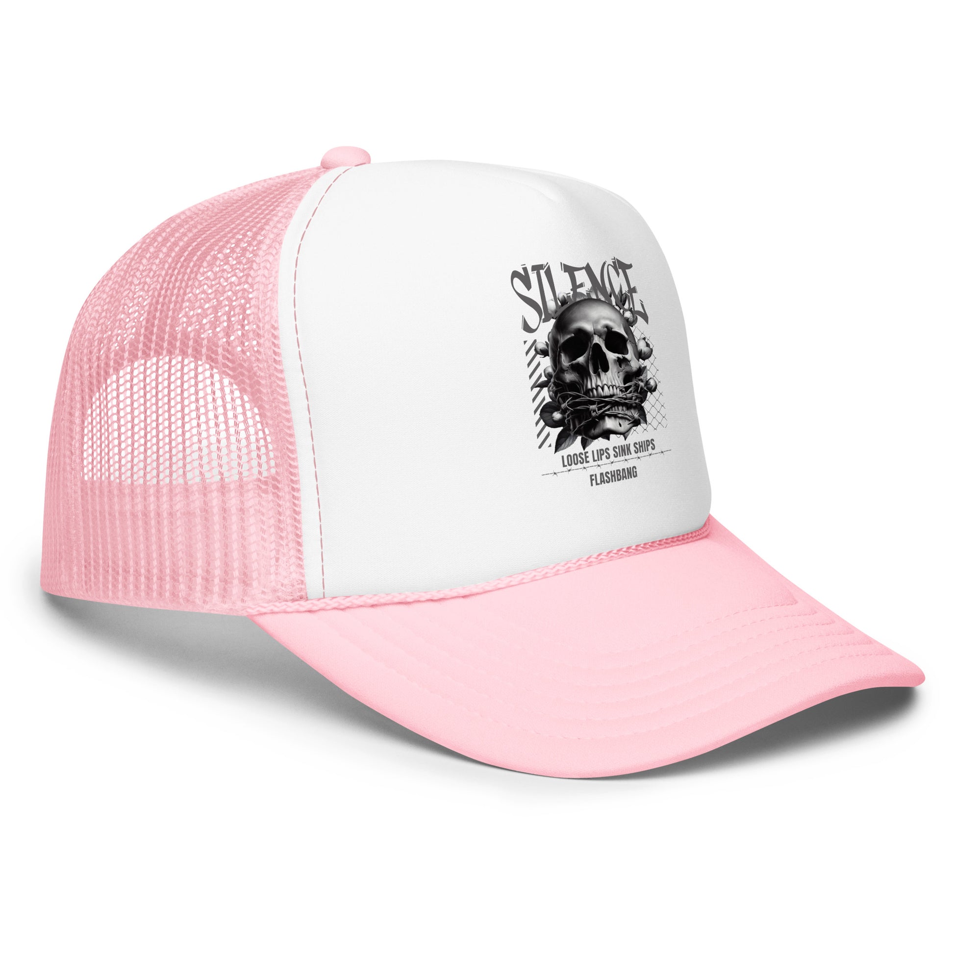 Pink and white trucker cap with skull design and text on a white background