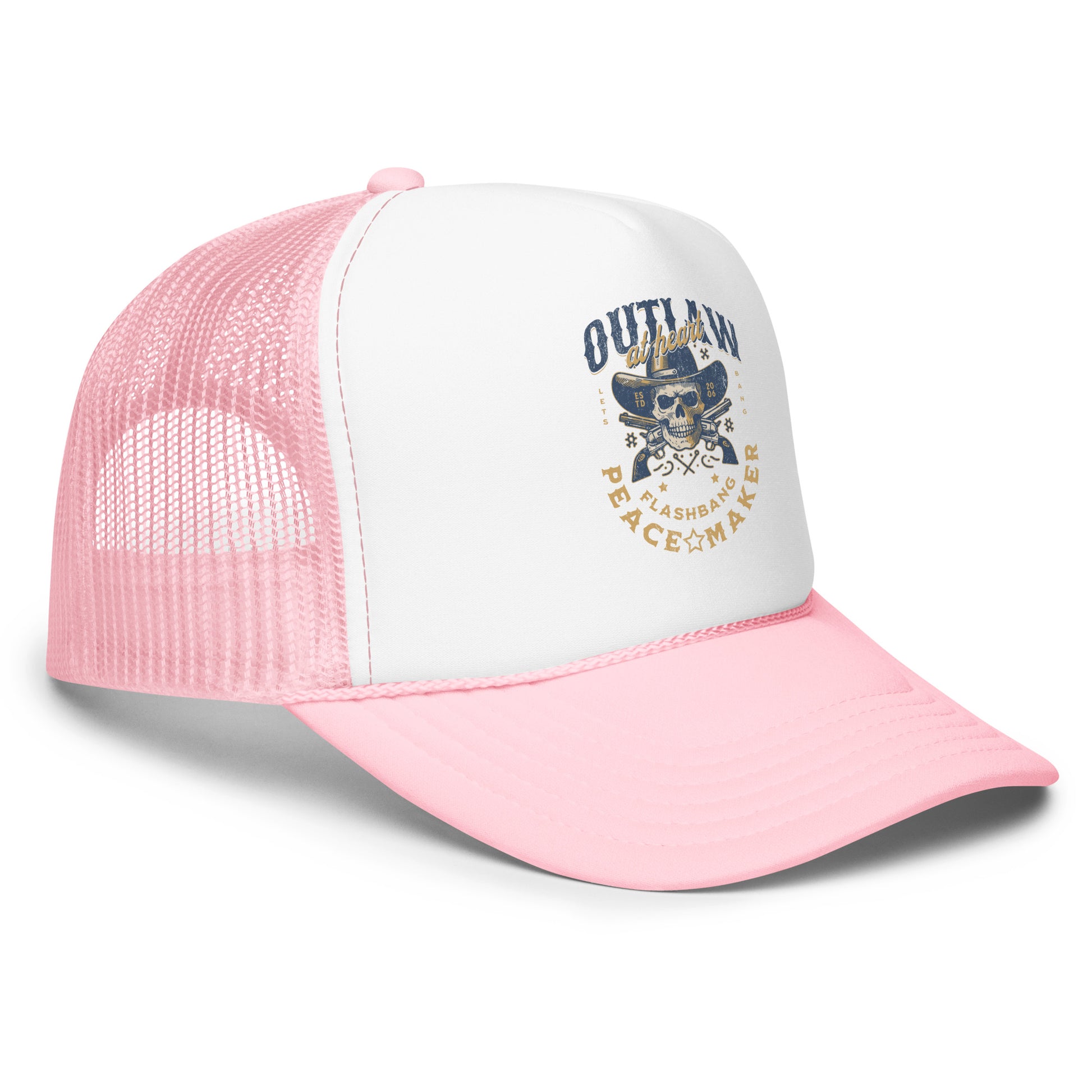 Pink and white trucker cap with graphic design on a white background