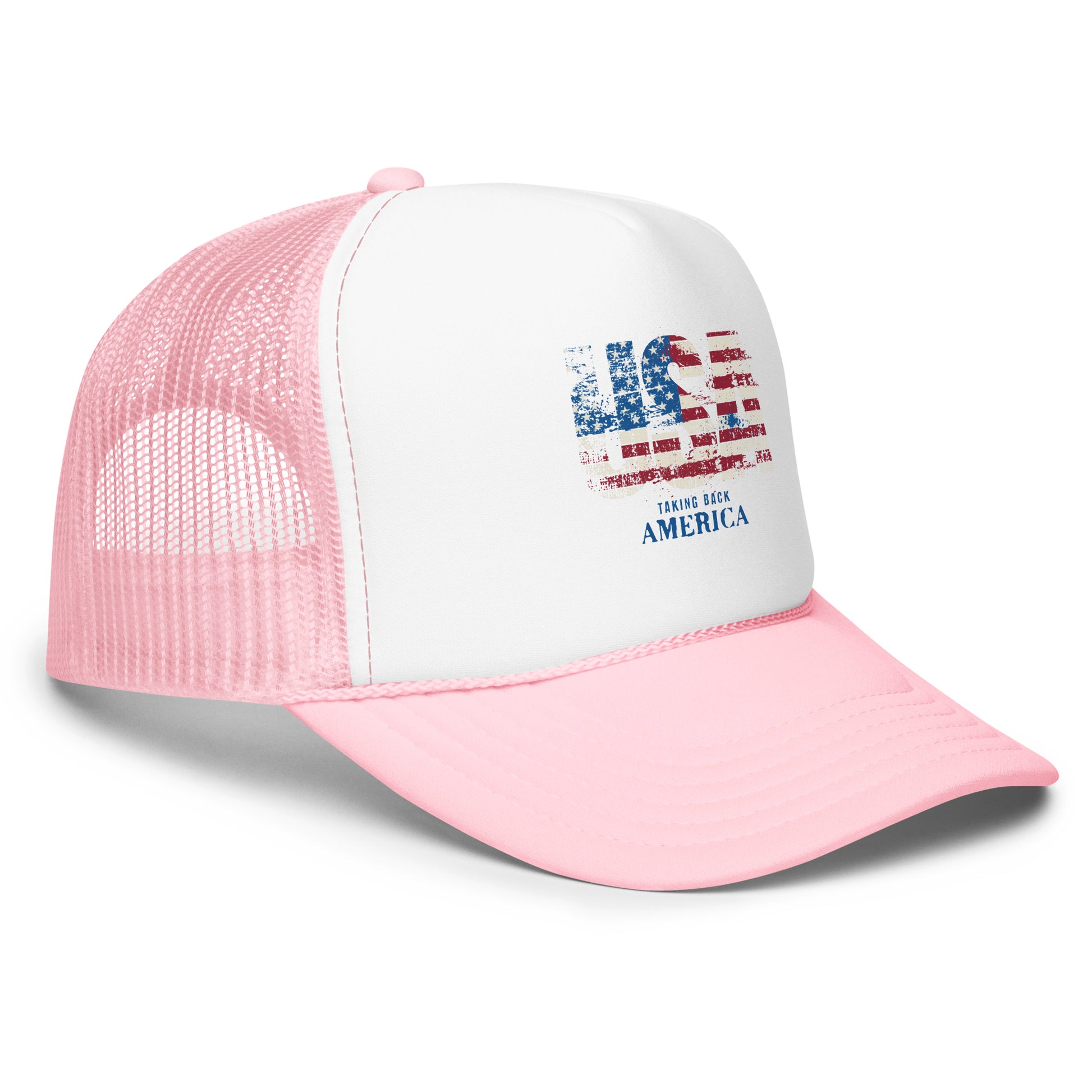 Pink and white cap with American flag design on a white background